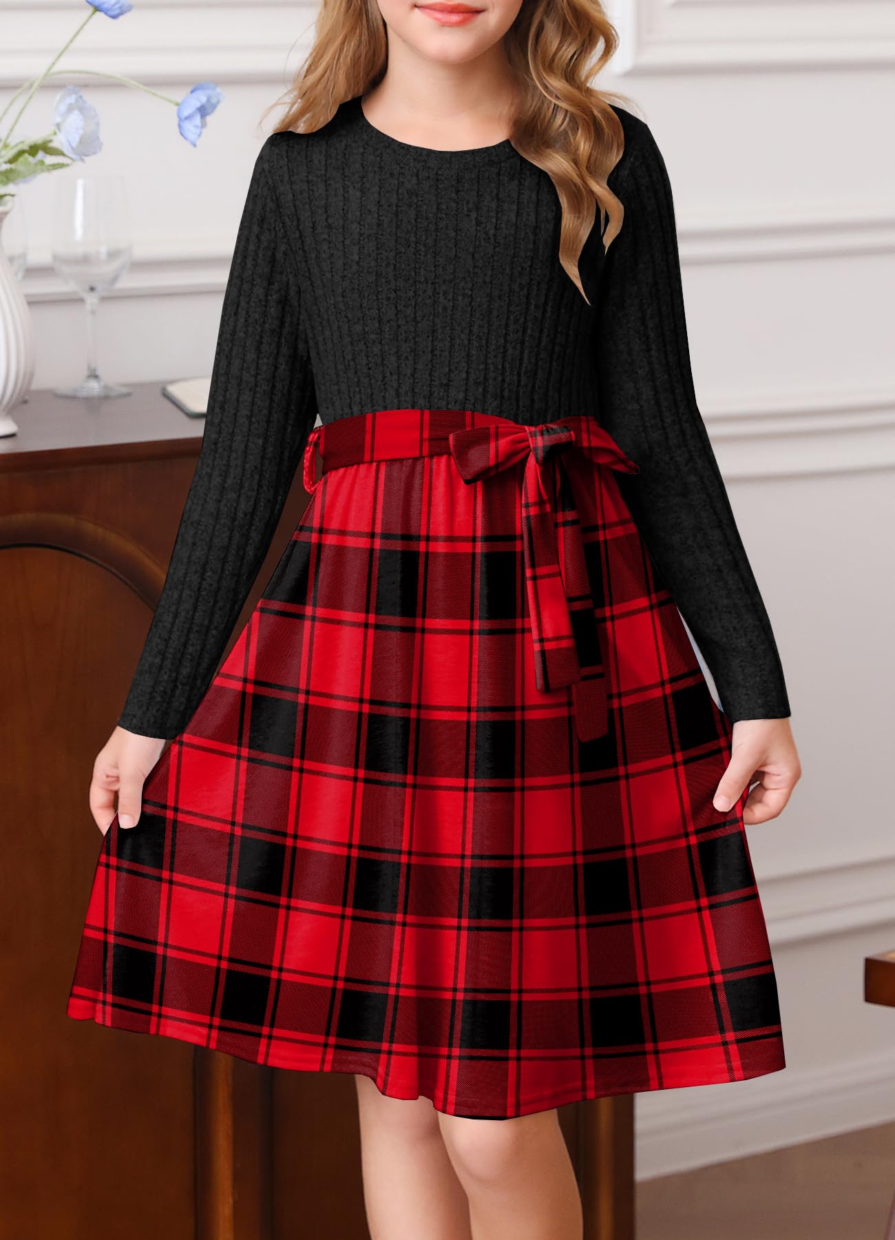 YOVION Langärmeliges Kleid für Mädchen, A-Linie, Swing, Urlaub, lässig, Strickkleider mit Gürtel, für 6–12 Jahre