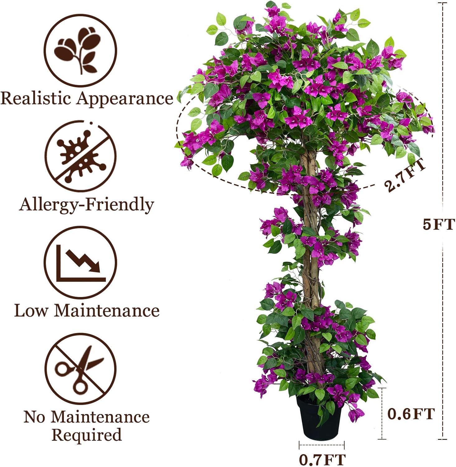 5FT Tall Bougainvillea Artificial Tree for Outdoors or Indoors, Faux Bougainvillea Tree Realistic Wood with Flowers in Plastic Pot Front Porch Plants, Home, Office, Purple