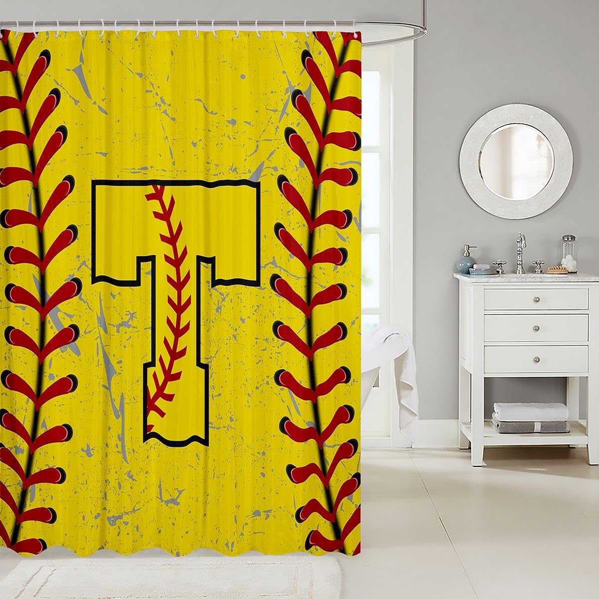 Erosebridal Letter T Shower Curtain 72" Wx72 L Yellow Red Baseball Waterproof Bathroom Accessories Funny Design Bath Curtain for Bathroom Showers Ball Sport Gaming image 2