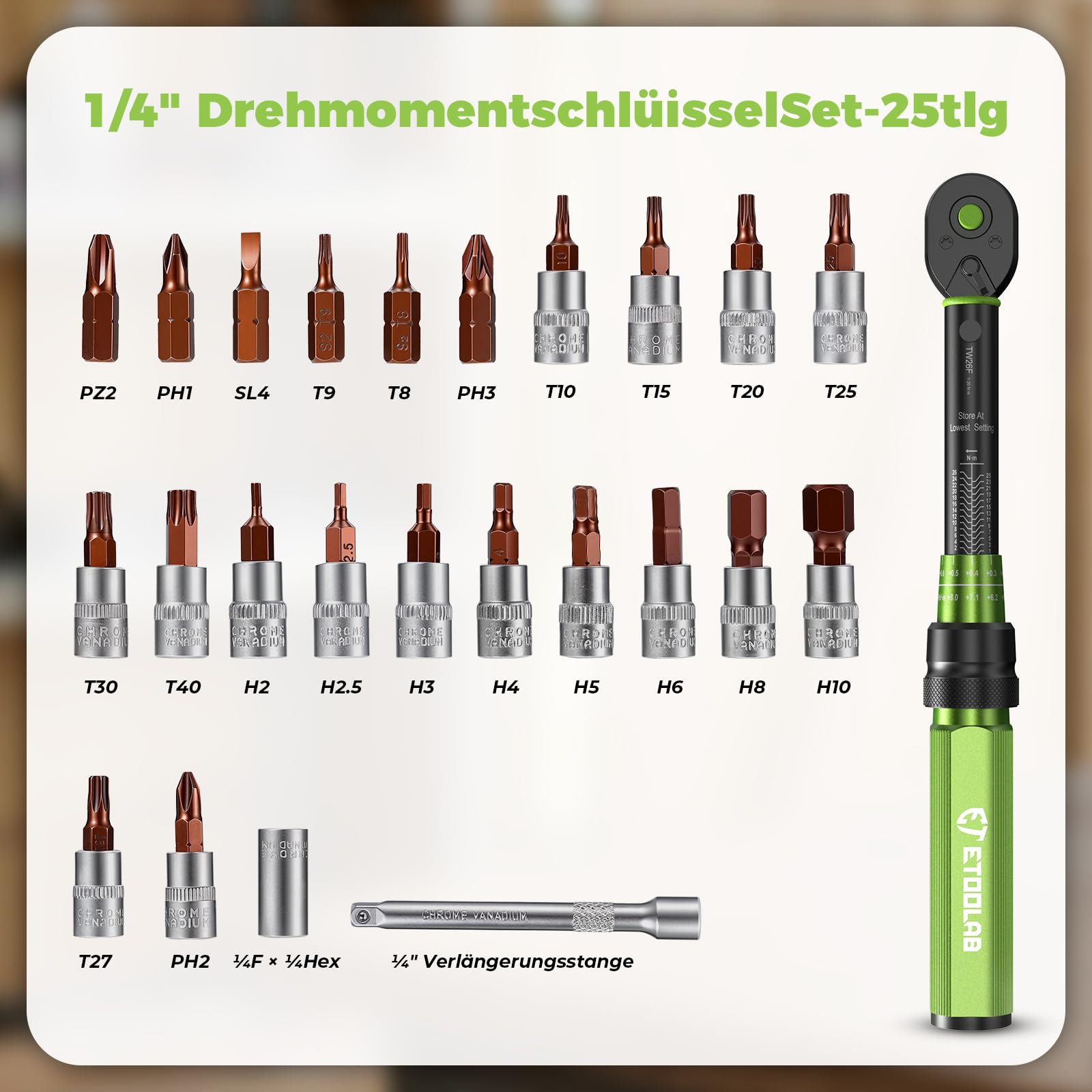 ETOOLAB Drehmomentschlüssel Fahrrad 1/4" Set-25tlg | Drehmomentschlüssel ±3% Fehlergenauigkeit, 1-26 N·m/10-231,3 lbf·in, 72 Zähne für Reifenwechsel/Motorrad/Fahrrad