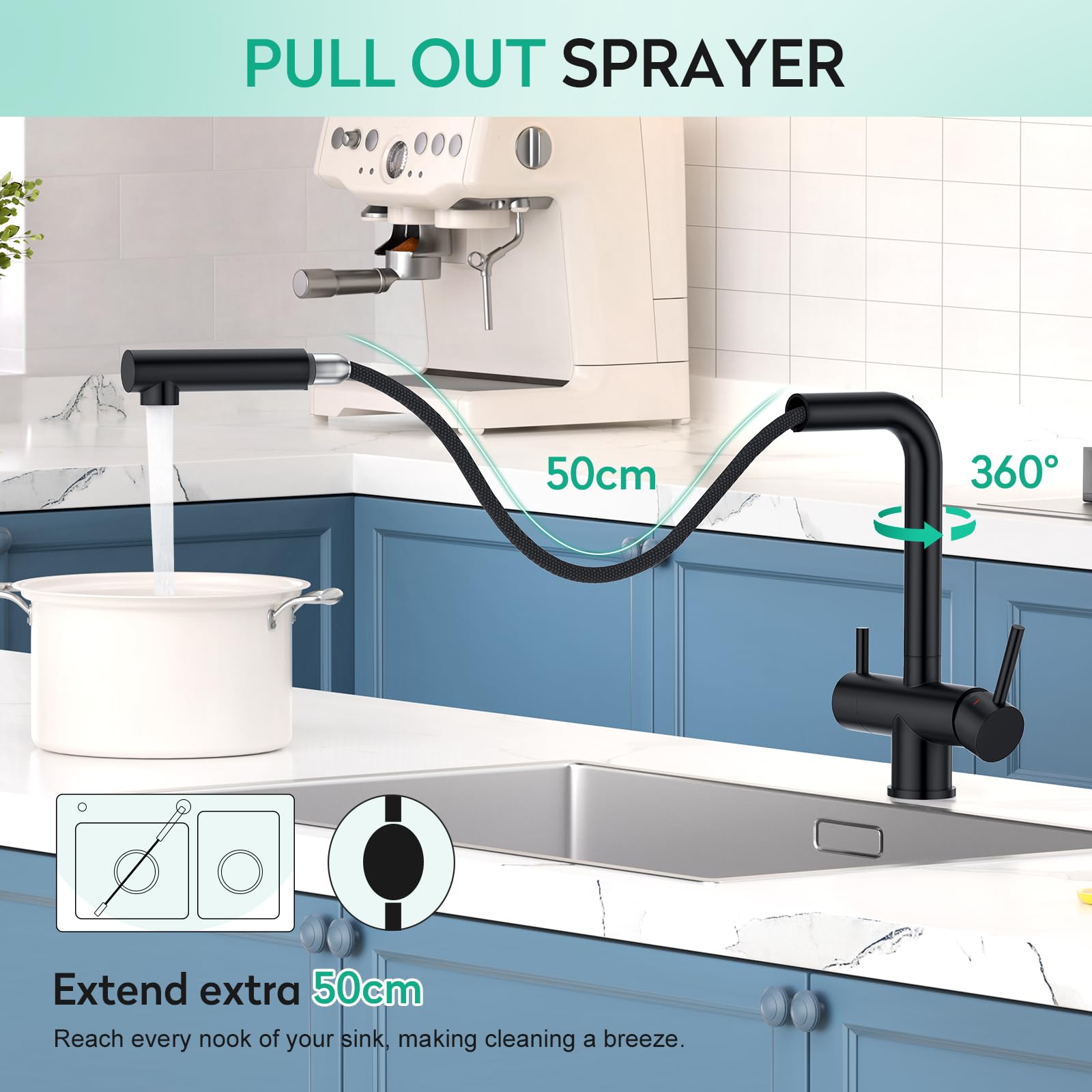CREA Grifo Negro de Cocina de 3 vías con Ducha extensible, con 2 palancas | 3 en 1 Grifo de Agua Potable Para Cocina, Grifo mezclador de cocina, Grifo de Fregadero de Agua filtrada de ósmosis inversa