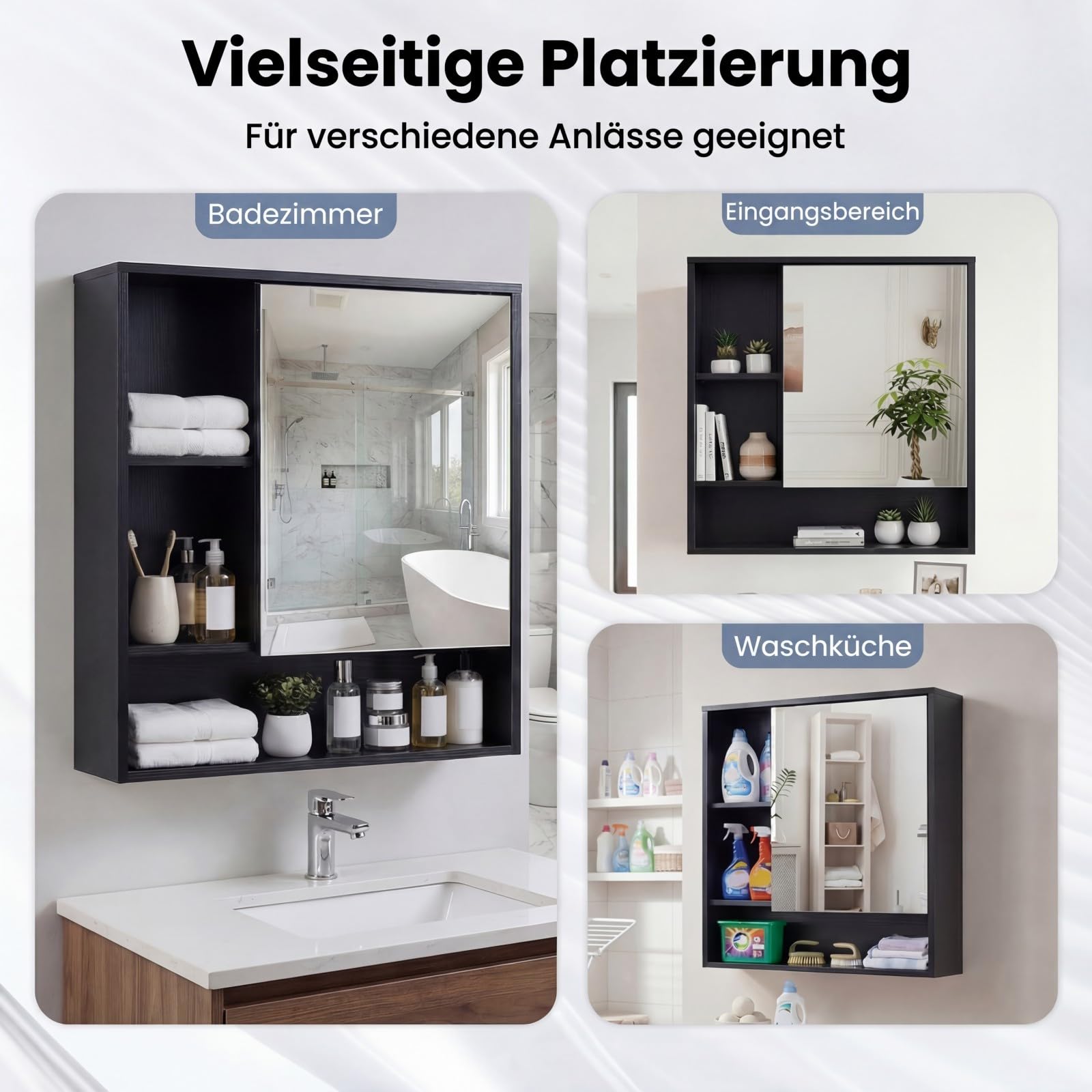 COSTWAY Spiegelschrank, Badezimmerschrank mit Spiegeltür & 3 offenen Regalen, Hängeschrank, Aufbewahrungsschrank, Wandschrank für Waschküche, Badzimmer & Flur, 56 x 16 x 61 cm (Schwarz)