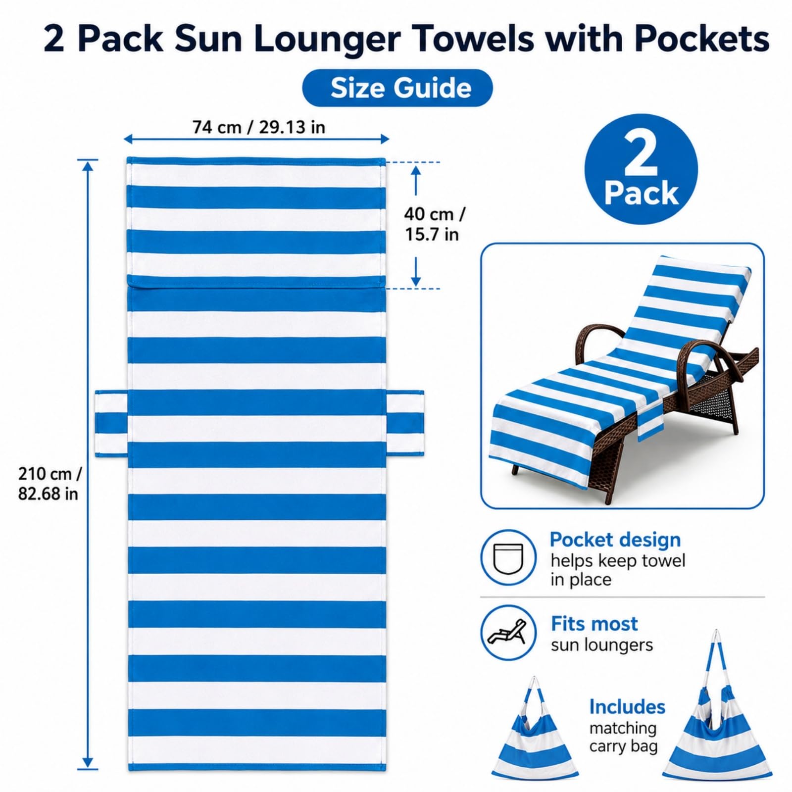 2er Pack Strandtuch mit Seitentaschen (Sternblüten,210x74cm) | Liegetuch mit Kapuze Anti-Rutsch Schnelltrocknend Mikrofaser Handtuch für Sonnenliege Gartenliege & Pool