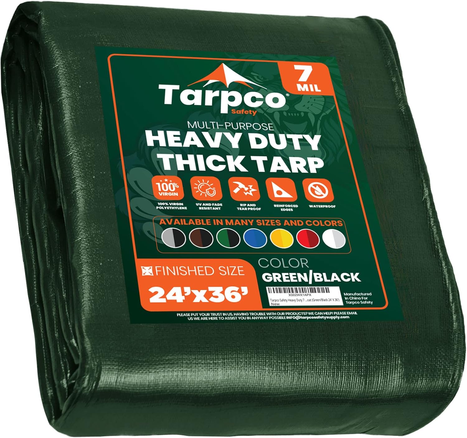 Tarpco Safety Heavy Duty 7 Mil Tarp Cover, Waterproof, UV Resistant, Rip and Tear Proof, Poly Tarpaulin with Reinforced Edges for Roof, Camping, Patio, Pool Cover, Boat (Green/Black 24 X 36)