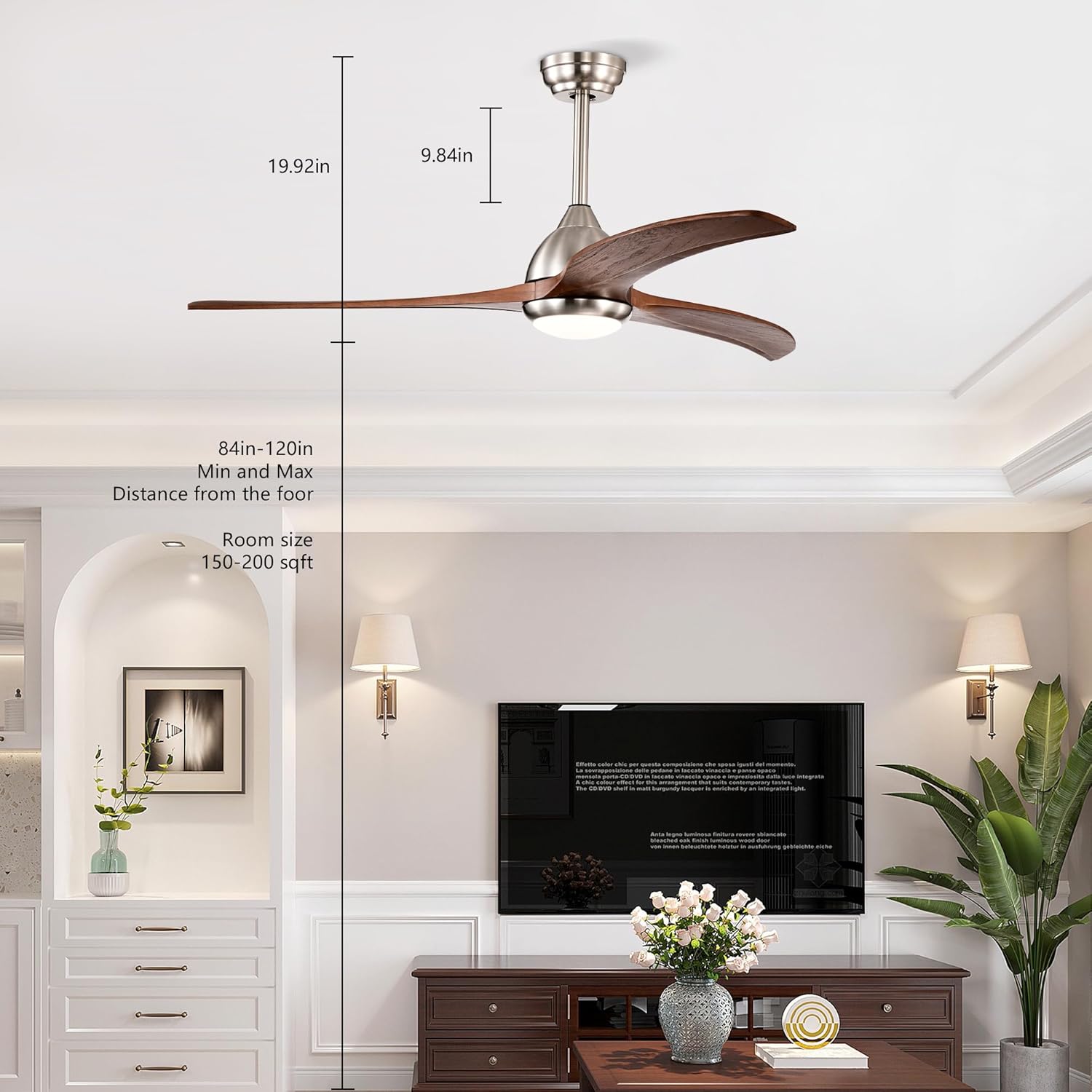 52" Solid Wood Blades Ceiling Fan with Light with Remote Control, Noiseless Reversible Motor, 6 Speed,3 Color, for Patio Living Room, Bedroom, Indoor.(Stain Nickel + Walnut)