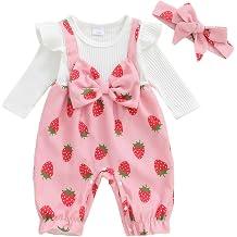 Loalirando Newborn Baby Girl Clothes One Piece Romper Strawberry Printed Long Sleeve Corduroy Bubble Jumpsuit with Headband Cute Fall Winter Outfit