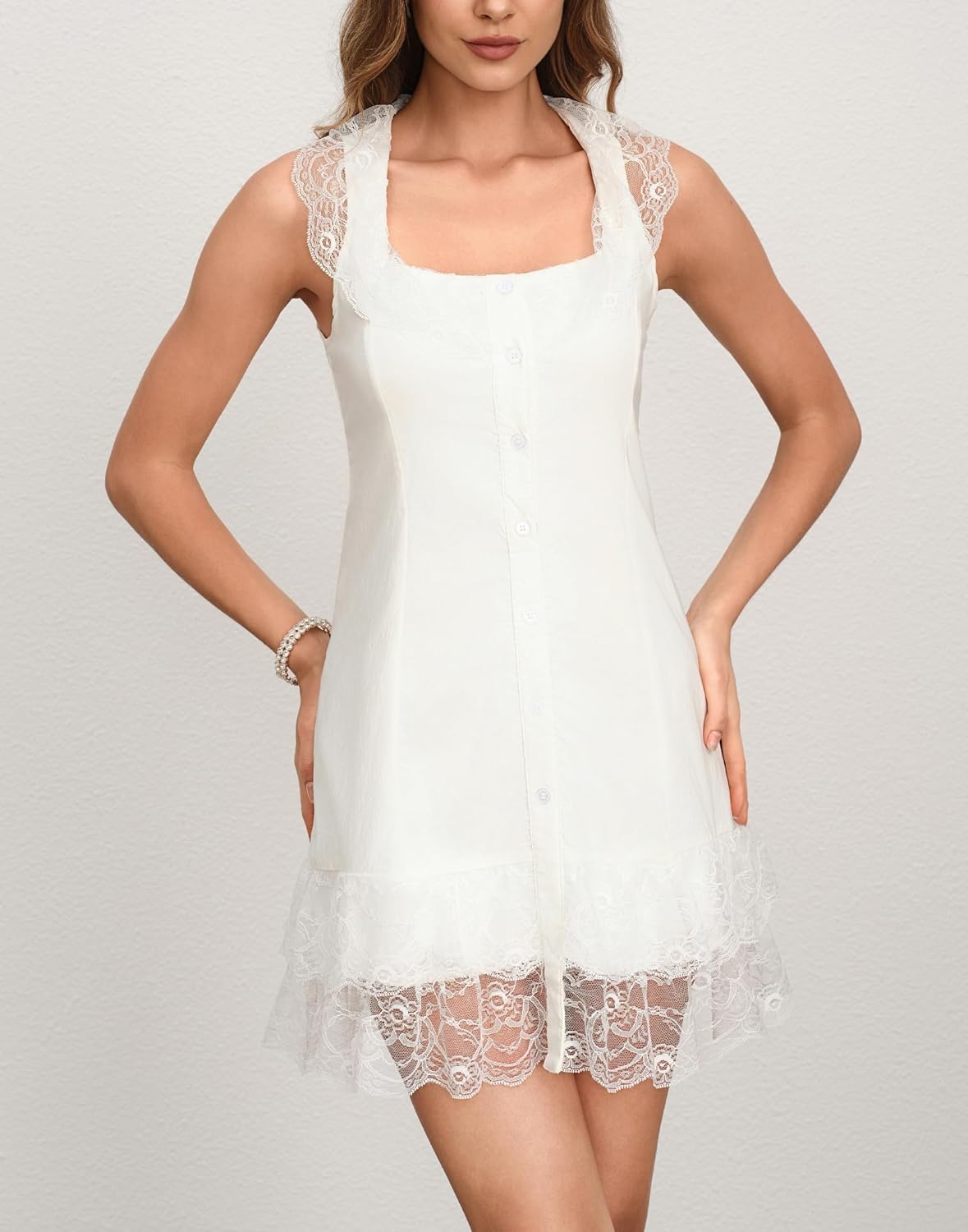 Women's Sleeveless Lace Trim Square Neck Tie Back Button Down Mini Short Dress