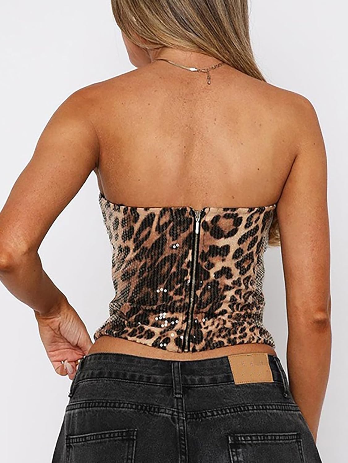 IYICLOTH Women's Sequin Leopard Tube Top Stretch Sleeveless Y2k Crop Tops with Zip Sexy Bodycon Vest for Night Out Club - Image 4