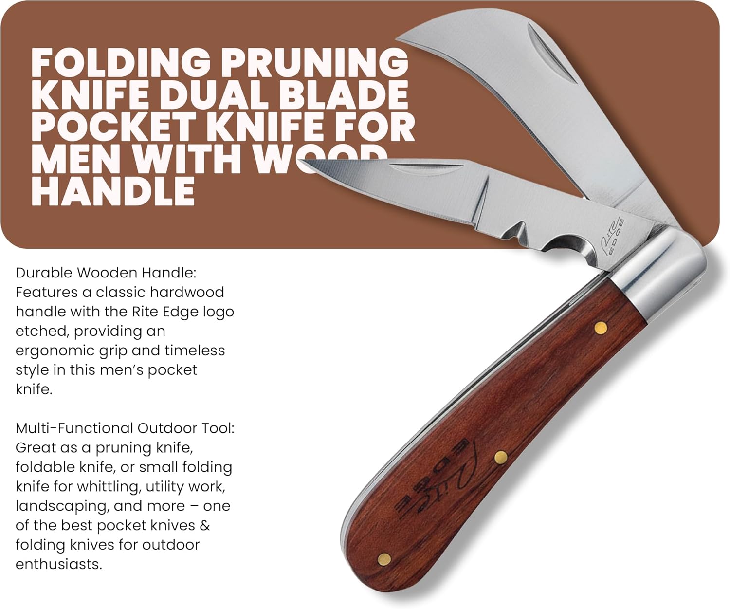 Rite Edge 4" Folding Pruning Knife – Dual Blade Pocket Knife for Men with Wood Handle, Clip Point & Curved Pruning Blade – Small Folding Pocket Knife for Gardening, Outdoor, and Everyday Carry (EDC)