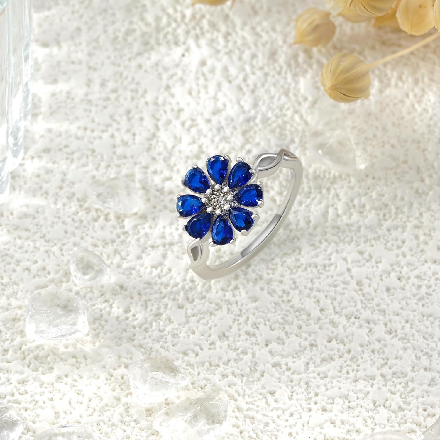 Blue Sapphire Rings for Women 925 Sterling Silver Pear Cut Sapphire Flower Ring Sapphire Jewelry Gifts for Women