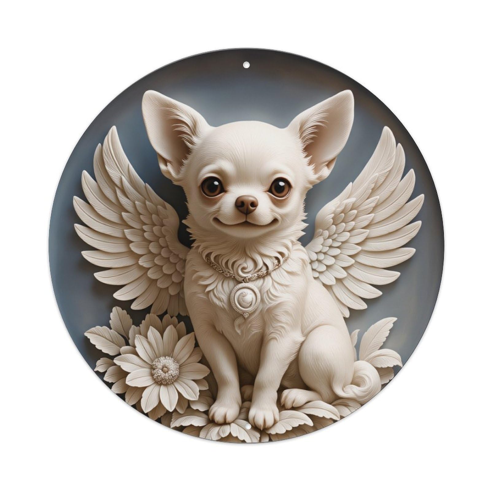 Angel Chihuahua Wings Flowers Necklace Round Tin Sign Vintage Metal Poster, Home Bar Garage Man Cave Cafe Indoor & Outdoor Wall Decoration 8x8Inches