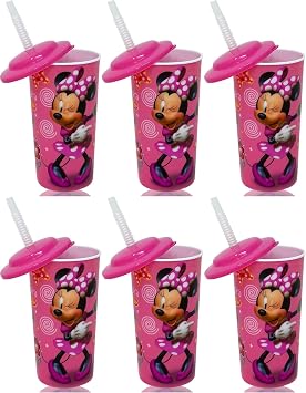 6-Pack Disney Minnie Mouse 16oz Reusable Sports Tumbler Drink Cups with Lids & Straws, Pink