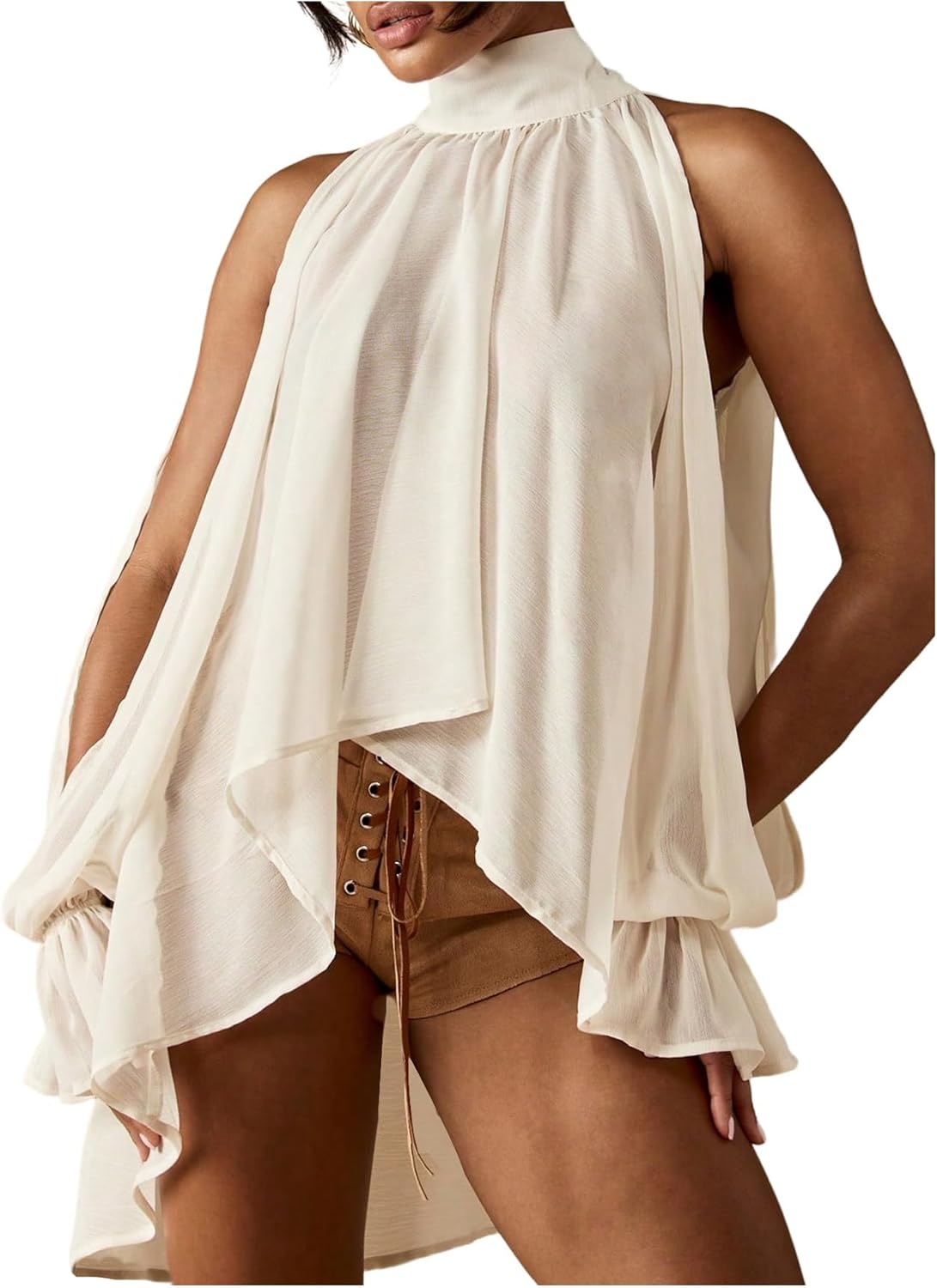 OYOANGLE Women's Split Bishop Sleeve Flowy Chiffon Blouse Mock Neck Tie Back Dressy Sheer Tops - Image 4