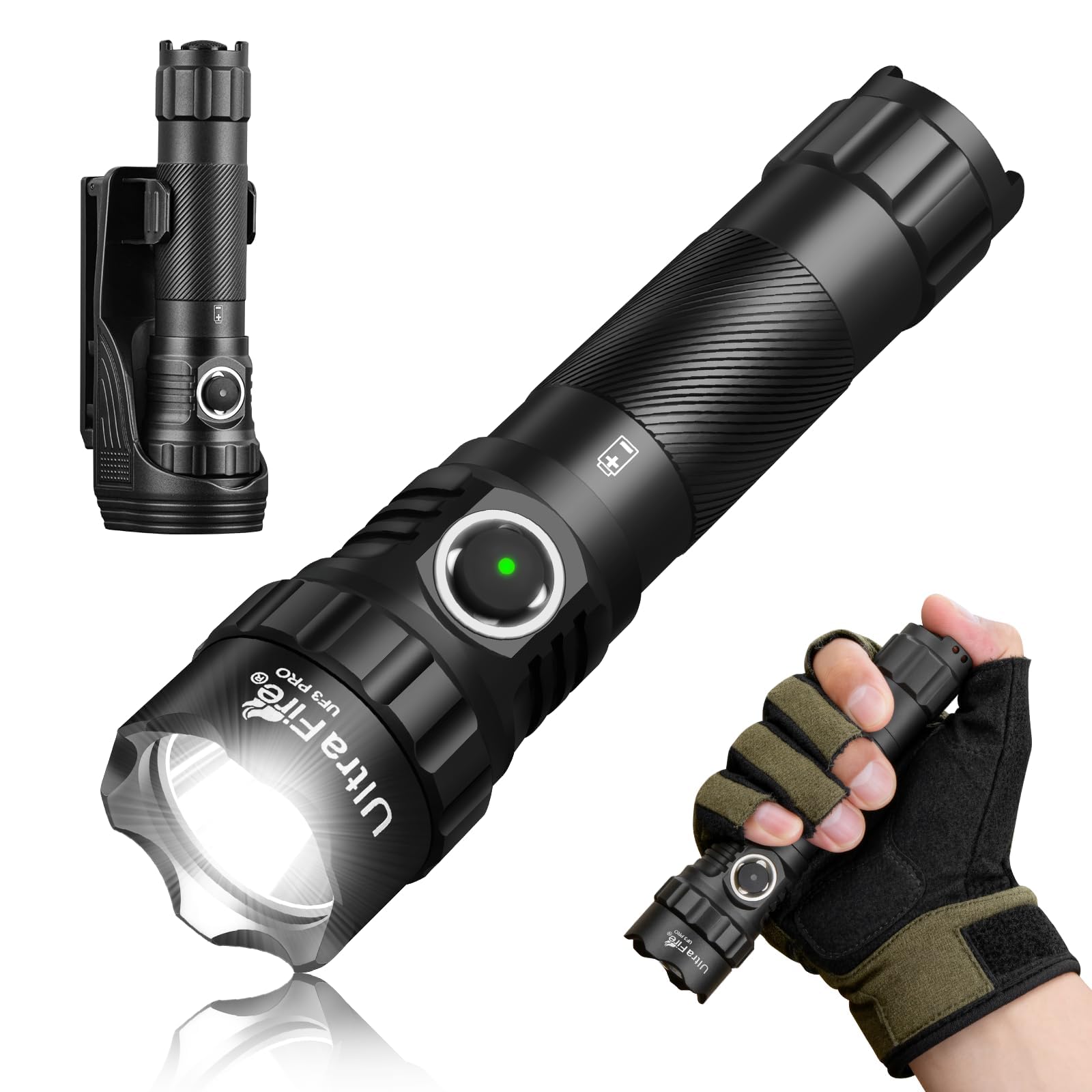 Ultrafire Black Rechargeable Tactical Torch With Belt Holster, 1800 High Lumen Usb-C Led Torch, 3 Modes Police Flashlight With Dual Switch, For Law Enforcement/Outdoor Camping/Home Emergency, Uf3 Pro