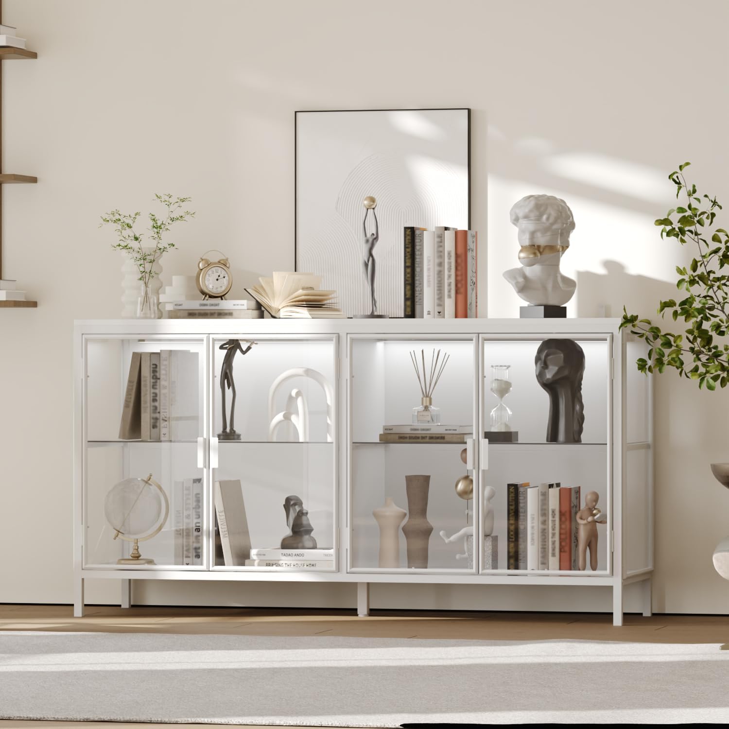 Buffet Cabinet with Storage & LED Light, 55.1" Large Kitchen Sideboard with 4 Glass Doors, Modern Coffee Bar with Metal Frame, Console Table for Living Room, Dining Room, White