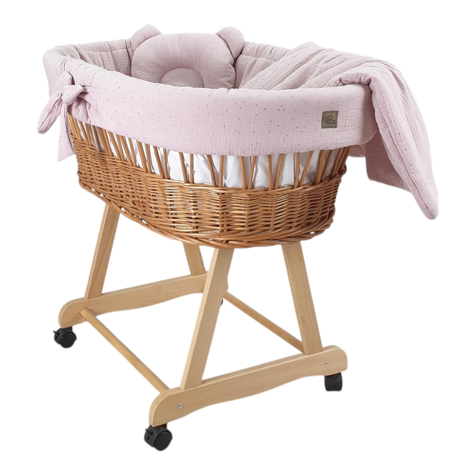 WIKLINOPOL - Moisés completo con cesta de moisés natural, colchón y ropa de cama de algodón 100% en color lila dorado, espacio seguro para dormir con ruedas y freno, modelo Amelia