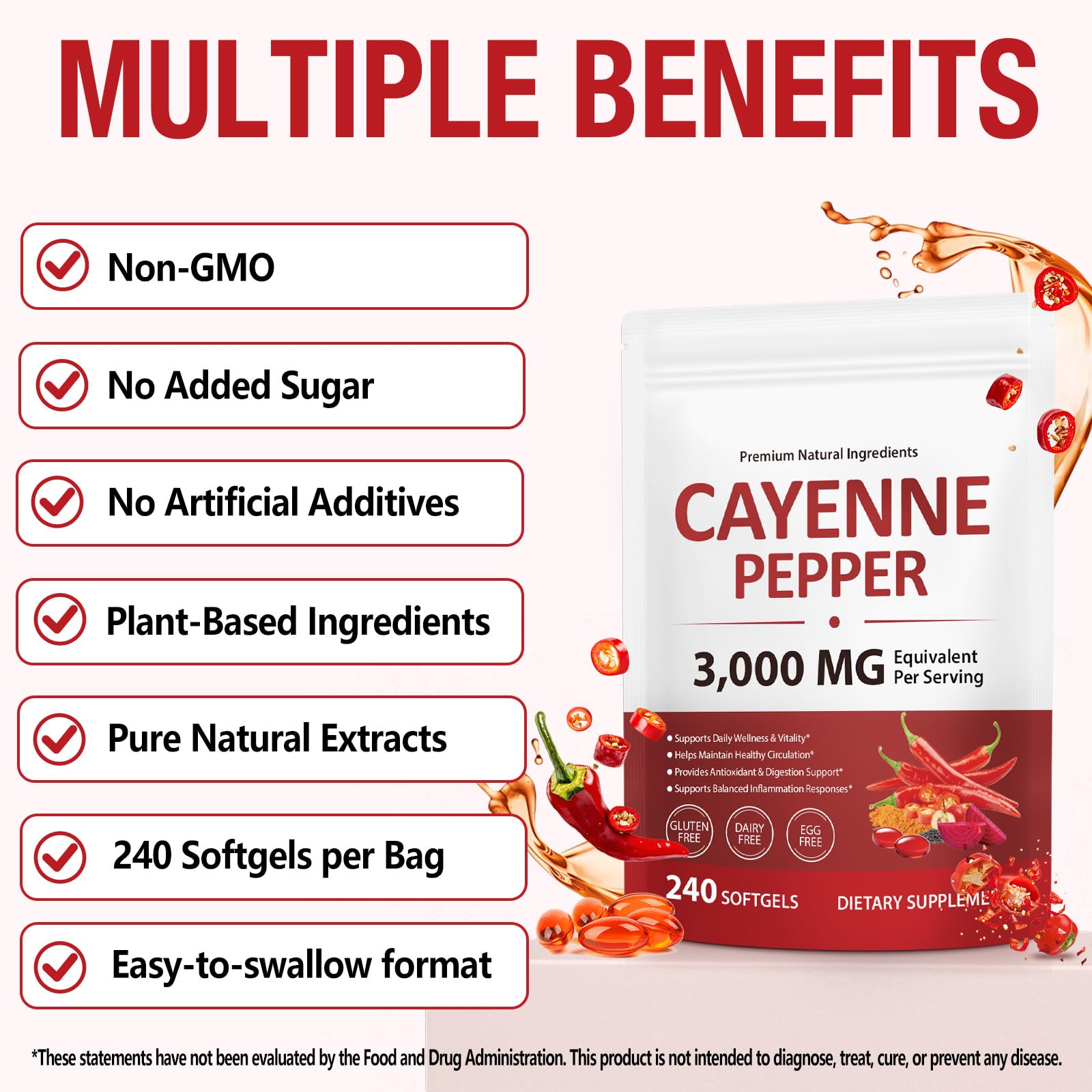 Cayenne Pepper Softgels Supplement, Cayenne Pepper Softgels with Vitamin D3 K2 & E,Turmeric, Berberine,Supports Healthy Blood Circulation- 240 Softgels — Amazon image 3