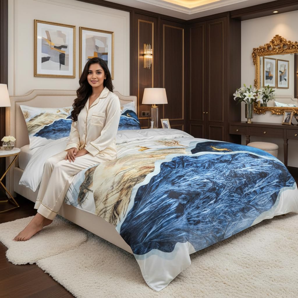it&C's Imported Silk Elegant 3D Digital Printed 5 Pcs King Size Double Bed Luxury Bridal Bedding Set with Heavy Comforter/Quilt (Mountain View2)-picture-21
