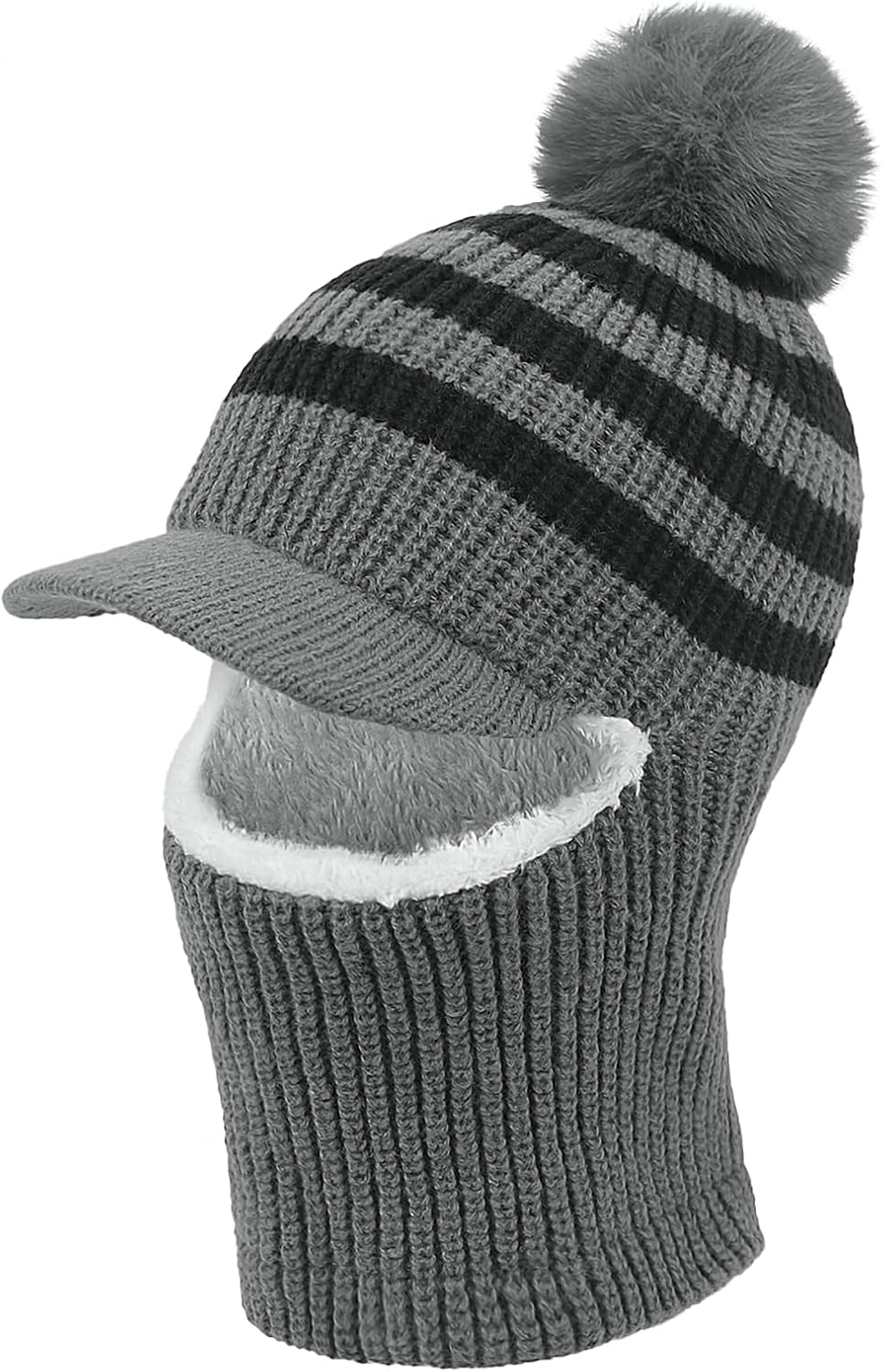 Toddler Kids Winter Beanie Hat with Visor Warm Hat Scarf Knit Balaclava Fleece Earflap Skull Cap