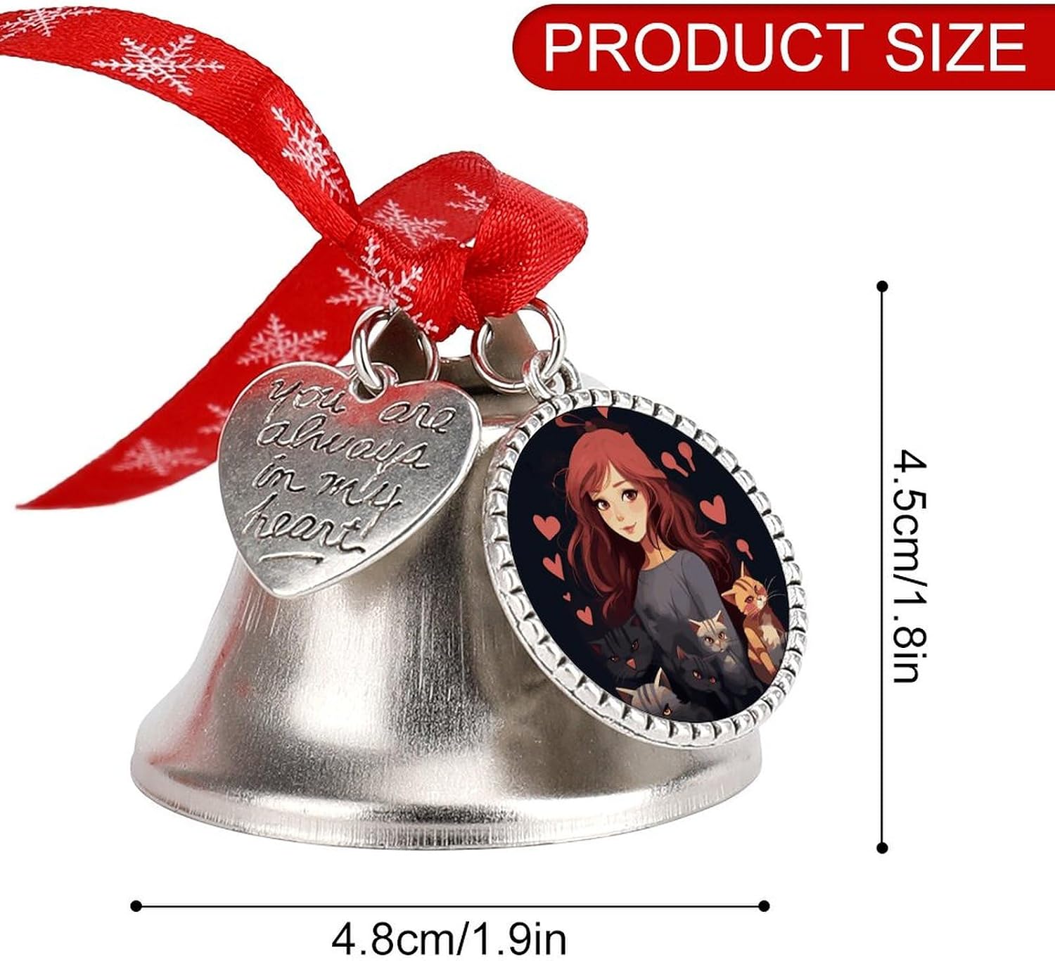 Christmas Bell A Women Who Loves Cats Jingle Bell with Love Pendant Christmas Ornament Metal Vintage Bells with Red Rope Christmas Tree Hanging for Holiday Party Decoration