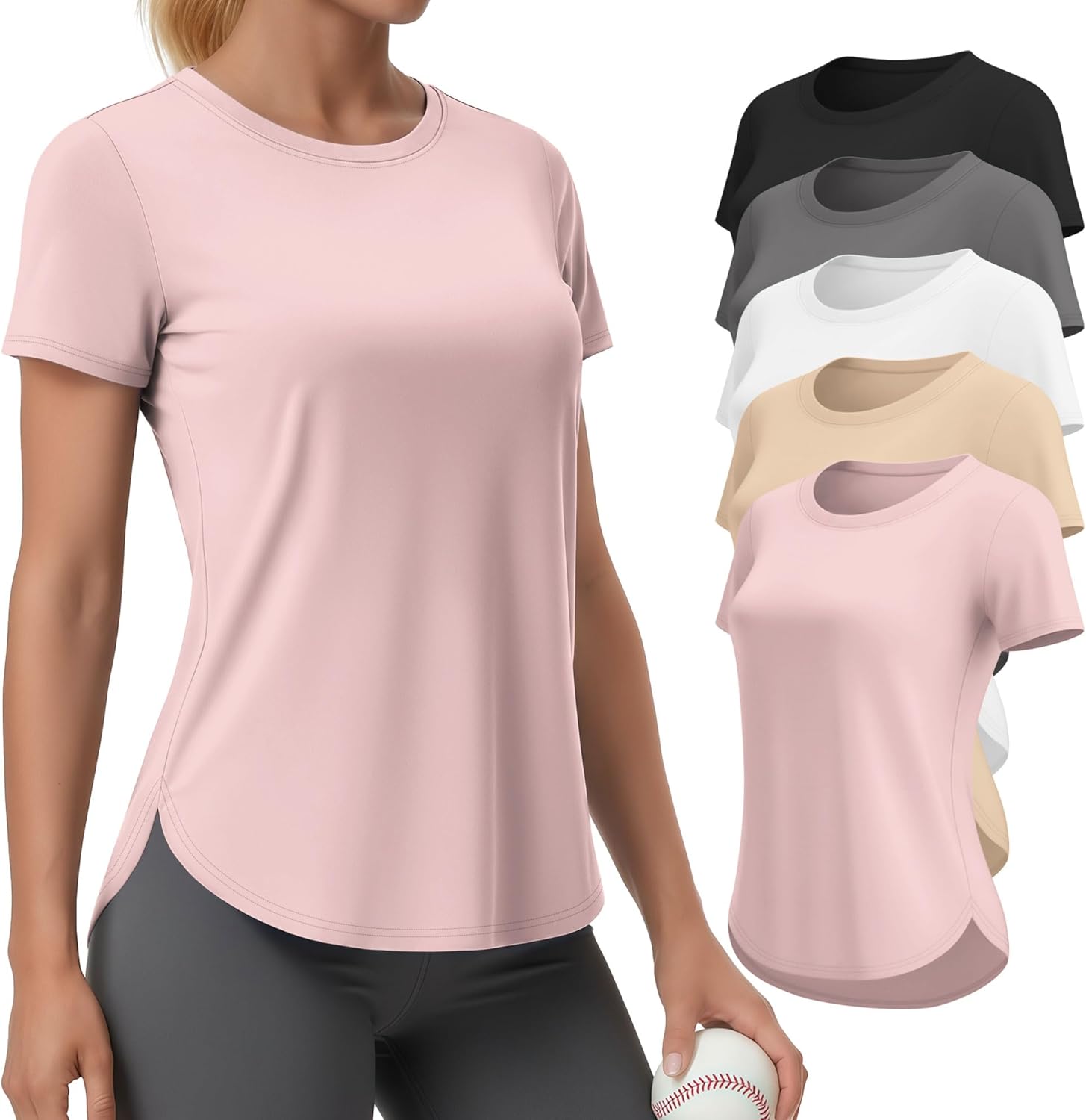 5 Pack Women's Workout Tops Athletic UPF 50+ T-Shirts Quick Dry Crewneck Short Sleeve Tees with Side Slits Shirts