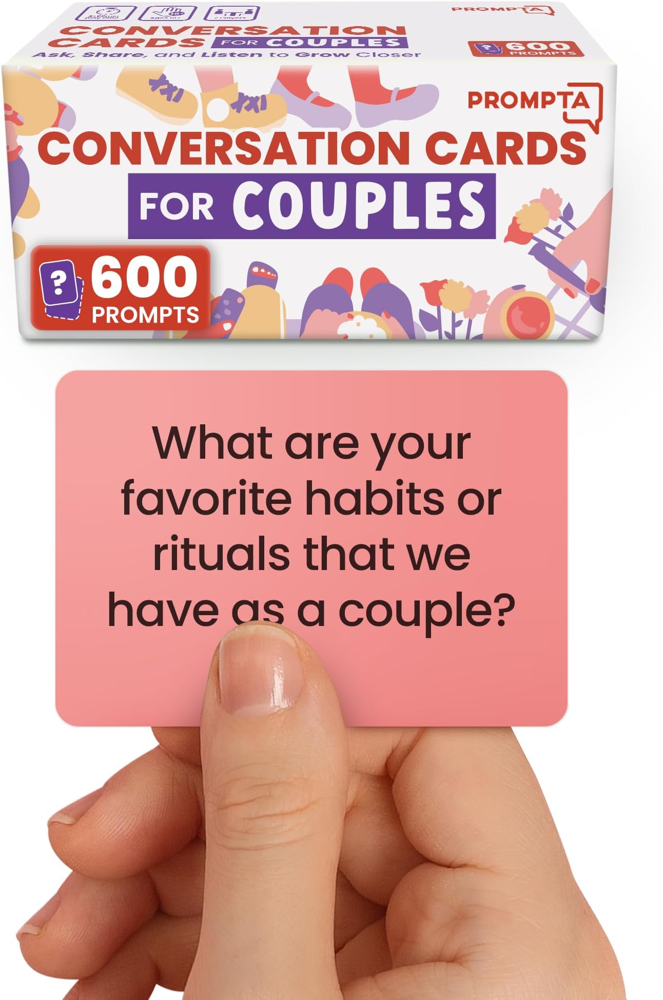 Rayliad Prompta 600 Conversation Cards for Couples – Light, Medium, and Deep Questions for Connecting with Your Partner - Conversation Starters for New or Married Couples on 2.5” x 1.75” Cards