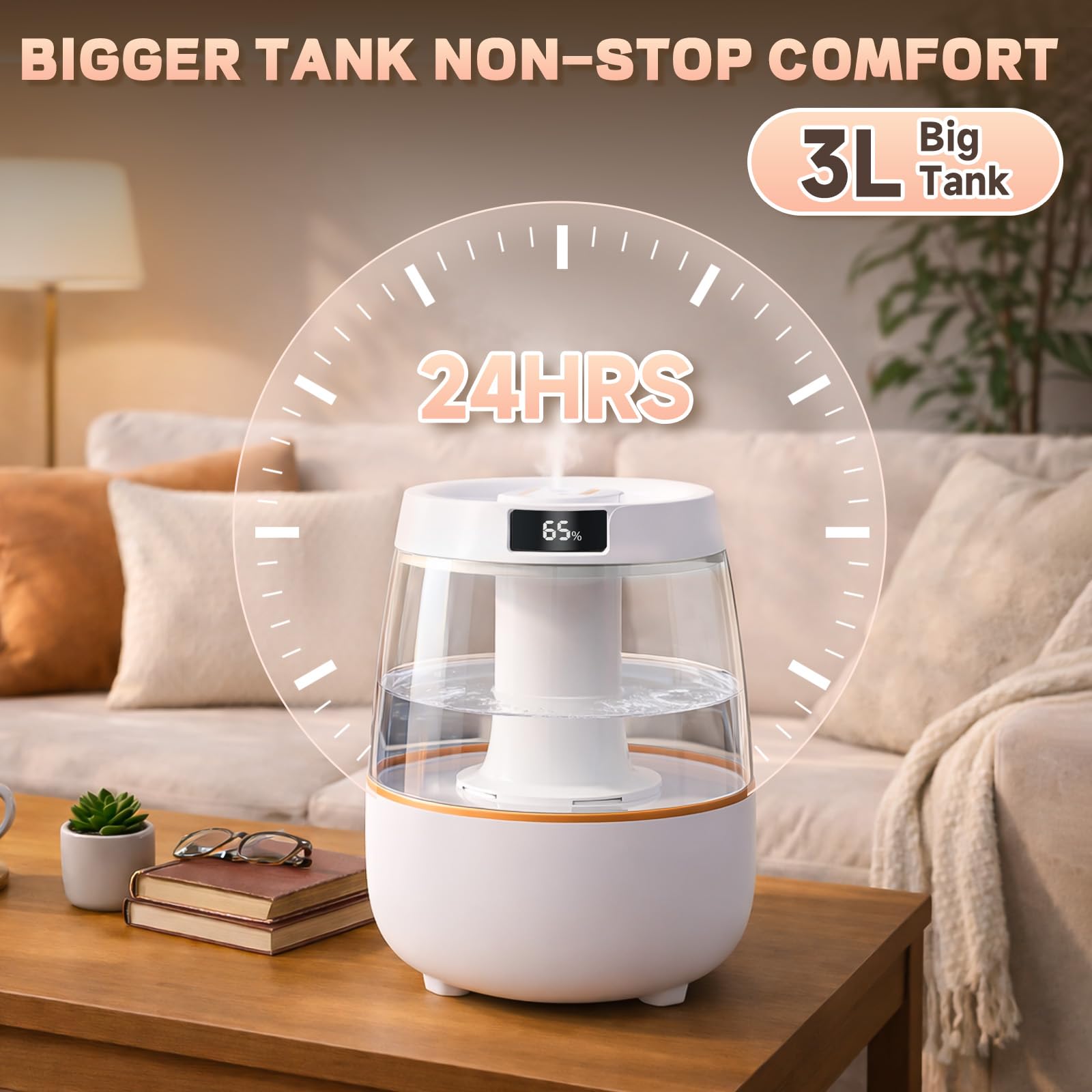 Umidificatore per camera da letto, umidificatore a nebbia fredda da 3 litri con luce notturna, funzionamento silenzioso con display digitale, 3 modalità di nebulizzazione per piante, dormitorio