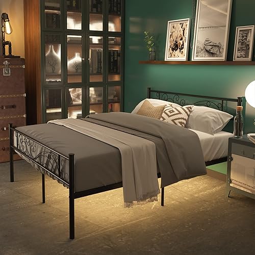 Miniatura 3 de Weehom Cama de Plataforma Tamaño Completo con Diseño Único de Flores Base de Colchón Soporte de Listones de Metal Resistentes, Fácil Montaje Negro