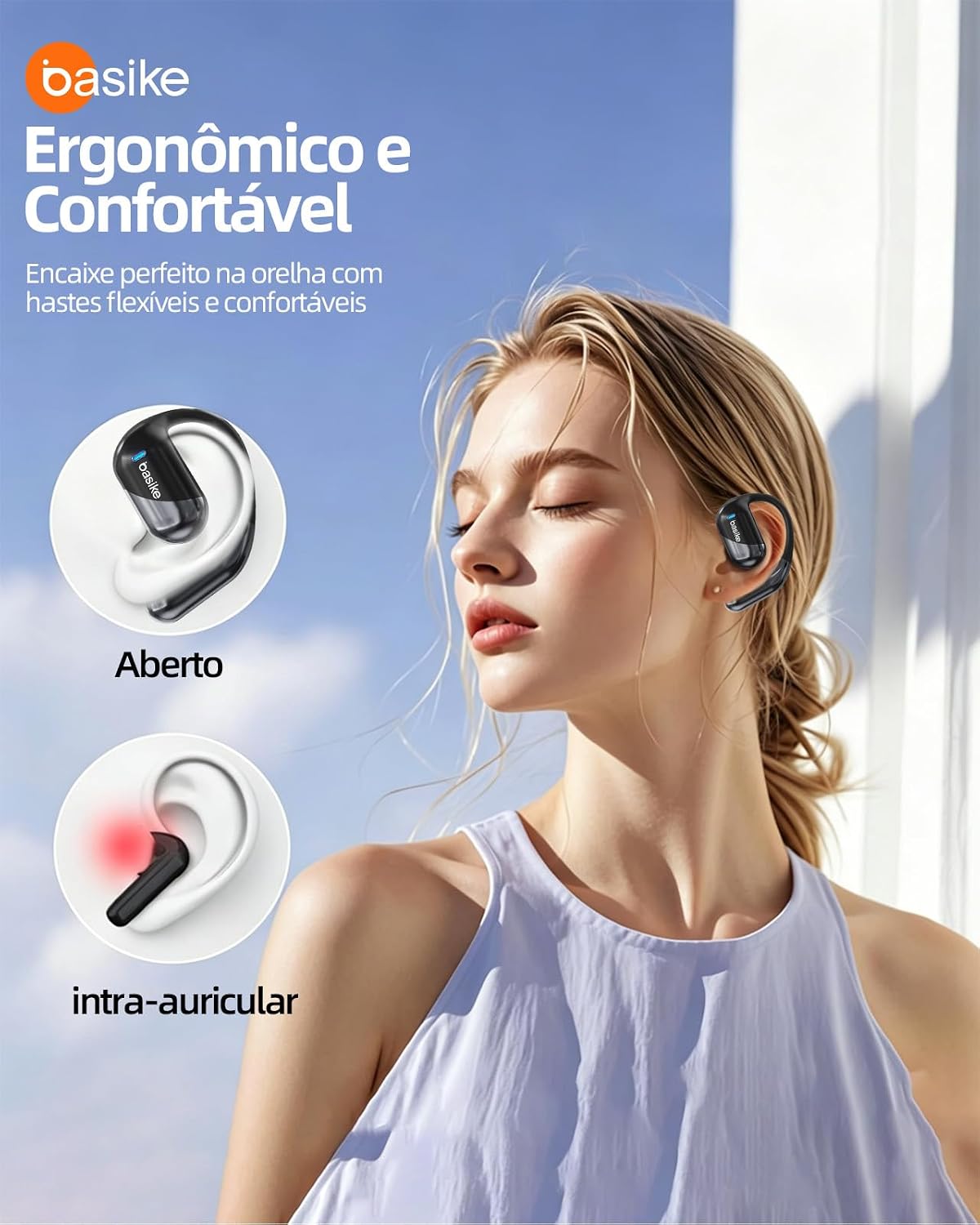 Comparison image showing the ergonomic open-ear design of the Basike Ba-FON303A earphones versus a traditional in-ear design, highlighting comfort and fit.