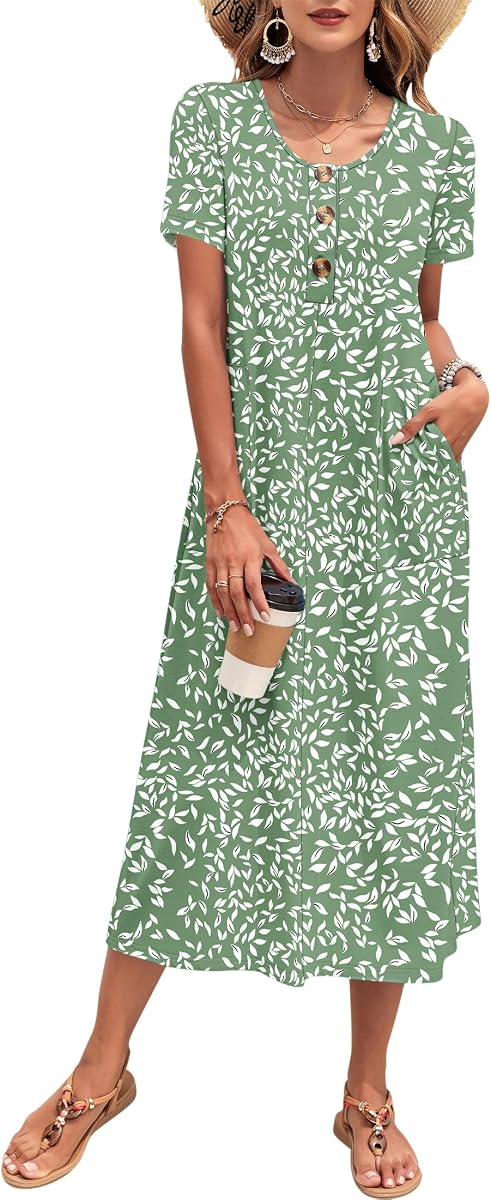 MOLERANI Women's Summer Long Midi Casual Loose Dress Short Sleeve Sundress | Crewneck,Functional Button Front,Roomy Pockets,Solid or Floral;XS–3XL fit Petite,Regular,Plus Sizes,Daily Beach Vacation Wear