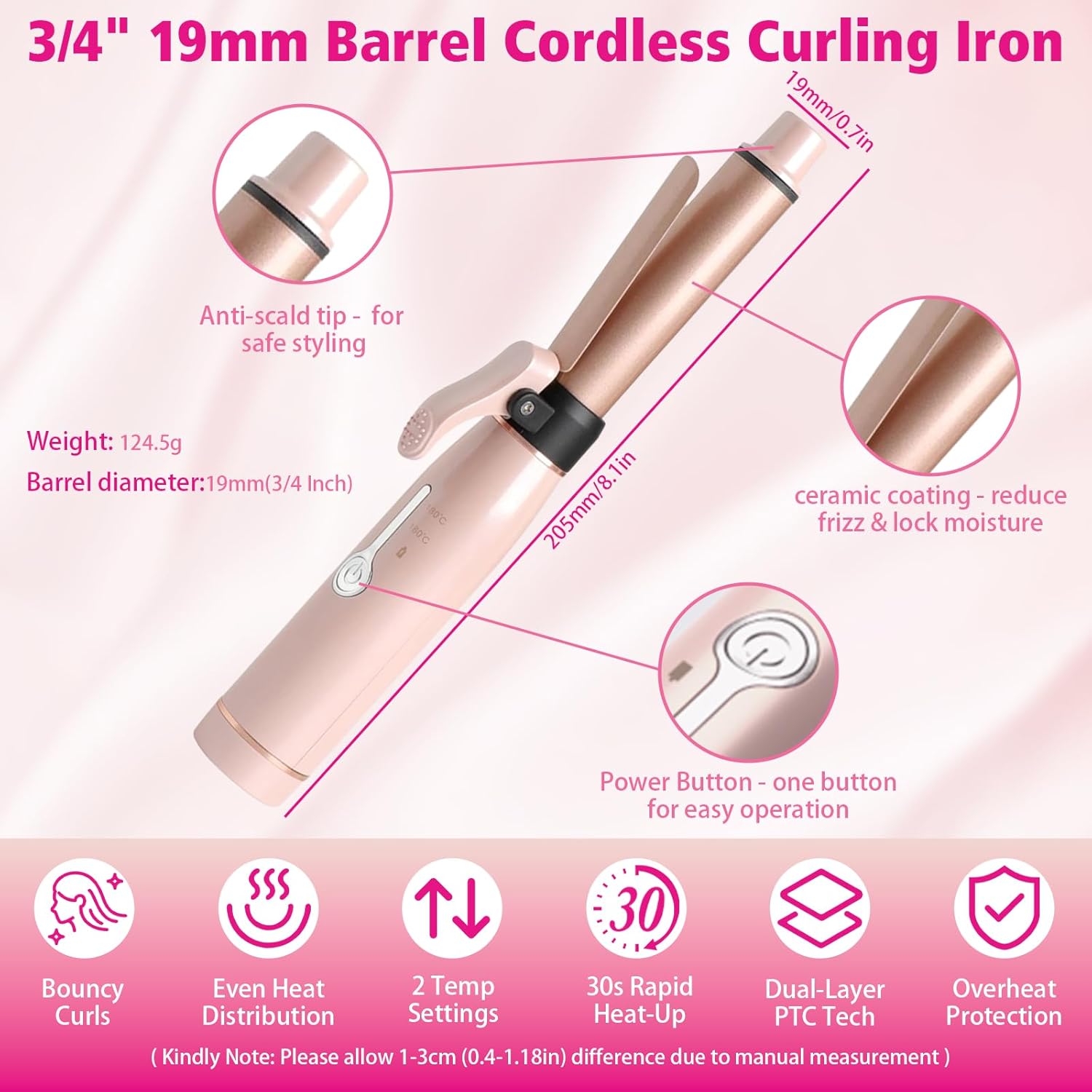 3/4 Inch 19mm Curling Iron, Portable Cordless Mini Curling Iron Ceramic Coating Hair Curler Curling Wand with 2 Temperature Settings for All Hair Types (25Mins Continuous Use Per Charge)