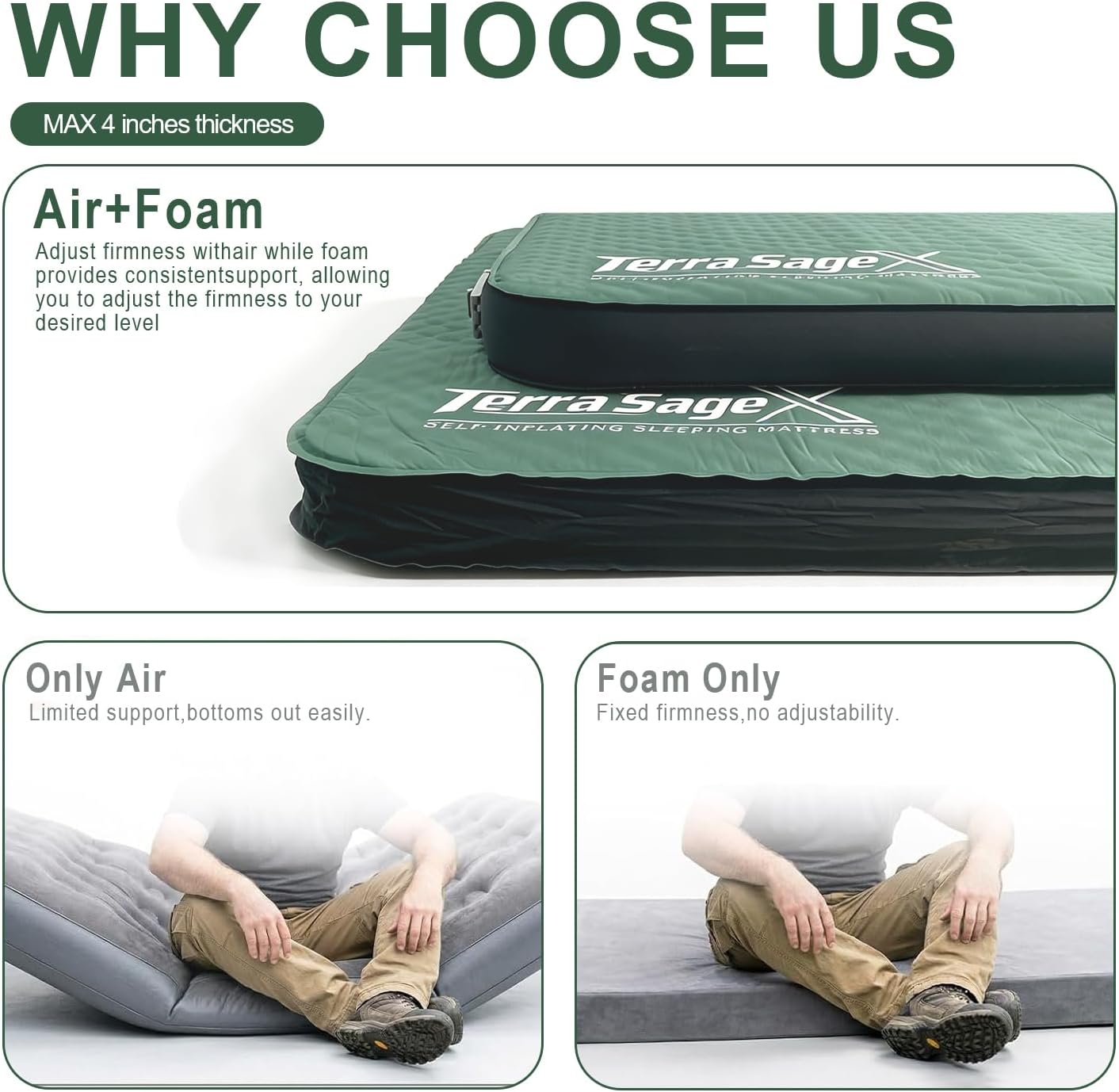 Camping Air Mattress Self-Inflating Sleeping Pad with Electric Pump, 4.5" Thick Insulated Air & Foam Mat for Tent Camping, Portable & Comfortable for 4-Season Use(Full,Green)