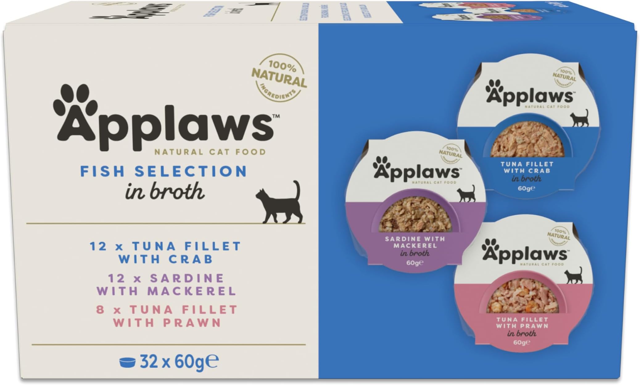 Applaws 100% Natural Wet Cat Food Pot, Multipack Fish Selection in Broth 60g Pots (Pack of 4, Total 32 Pots)