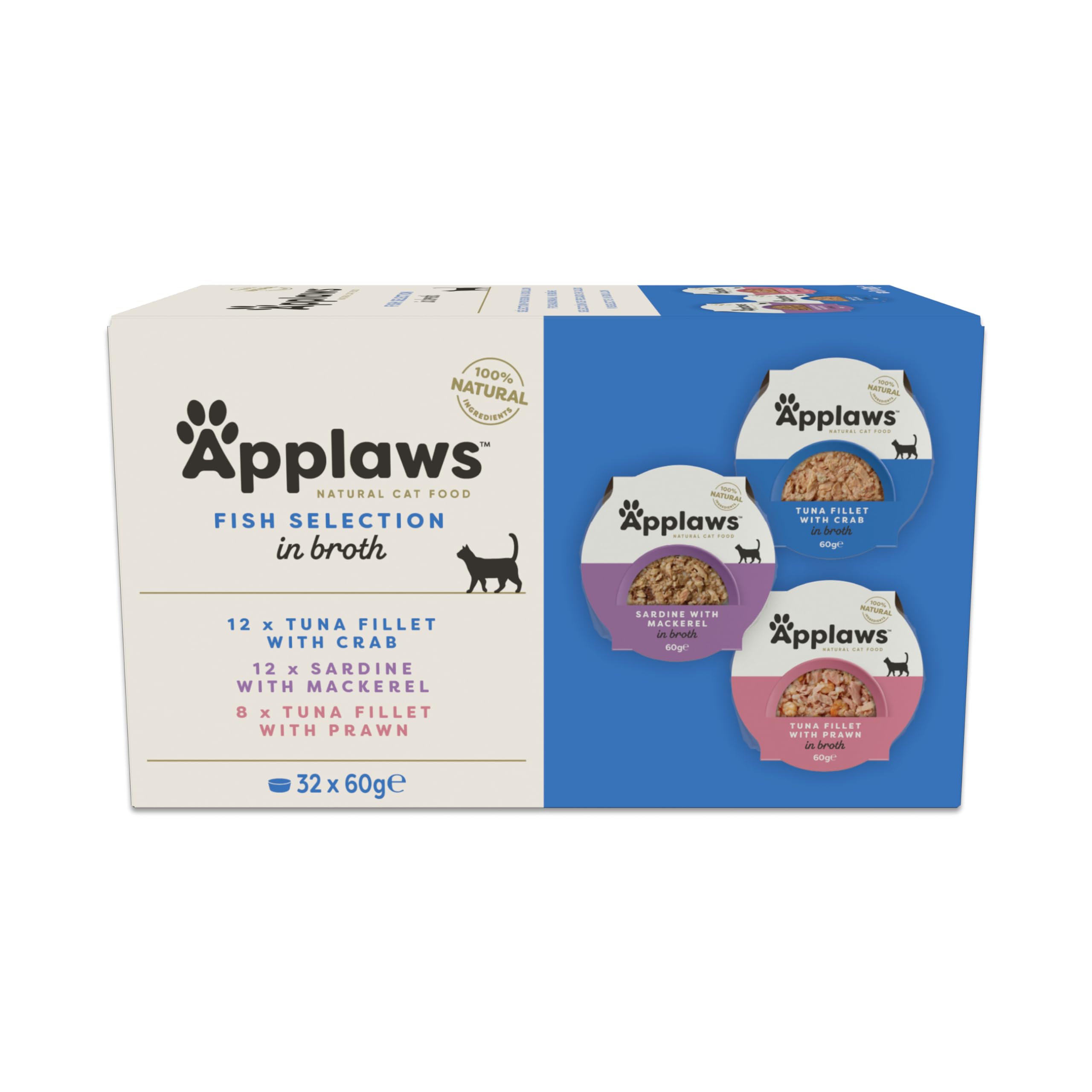 Applaws Olla de Comida húmeda 100% Natural para Gatos, Paquete múltiple de selección de Pescado en Caldo, macetas de 60 g (Paquete de 4, 32 macetas en Total)