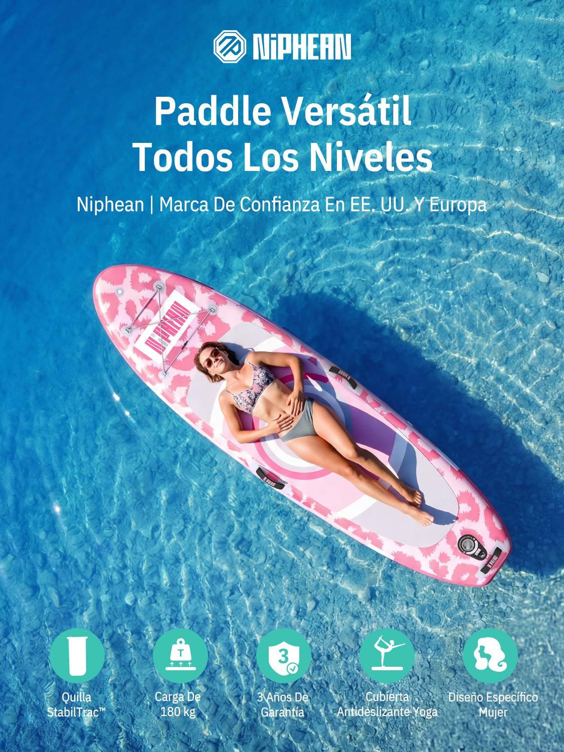 Niphean Tabla Paddle Surf Hinchable con Asiento (Ultraligero) Sup para Mujeres Aleta StabilTrac™ con +30% De Estabilidad, Superficie Antideslizante, Ideal para Yoga Y Apto para Mascotas