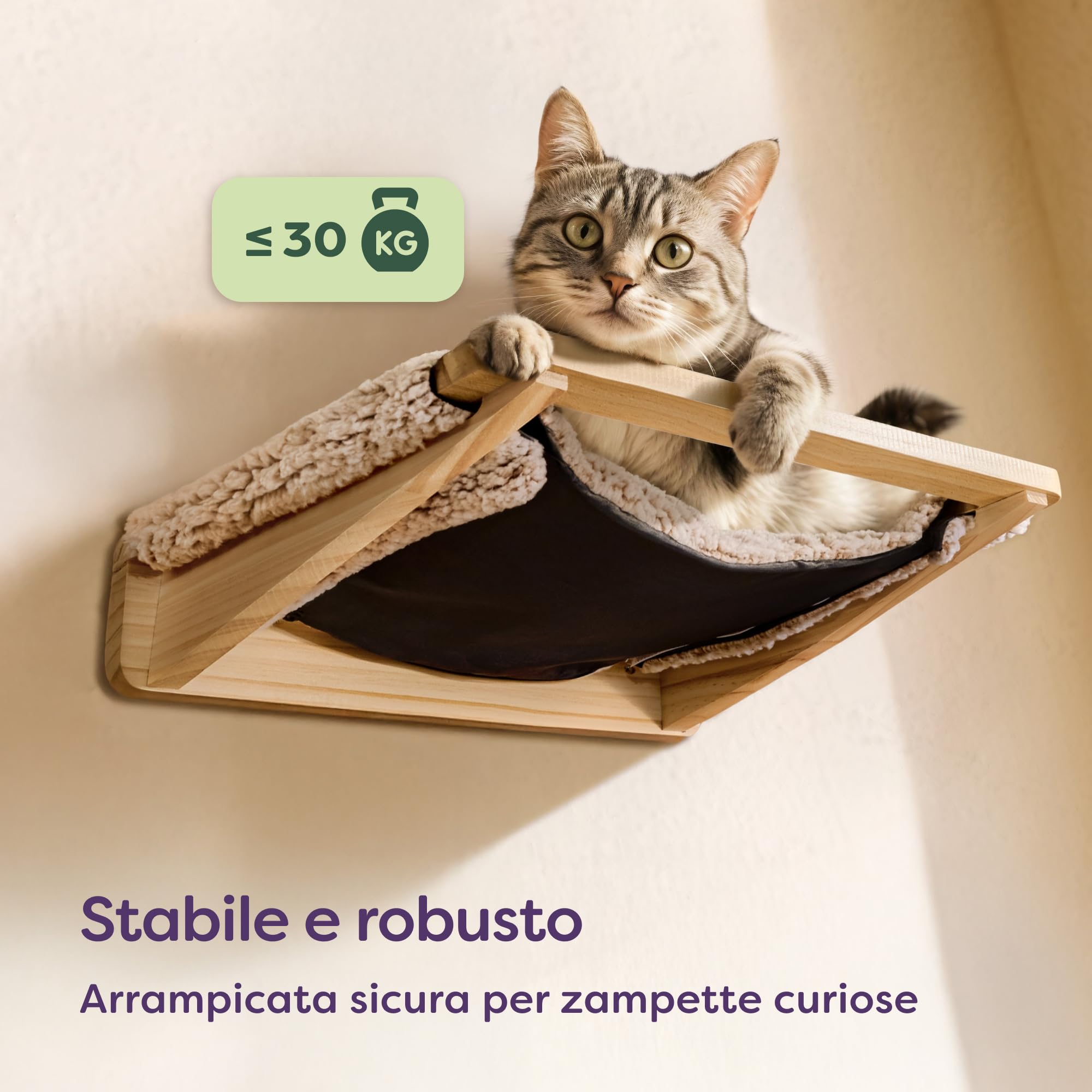 Knupis Mensole da Parete per Gatti con Amaca & 2x Scale – Legno di Pino Massiccio FSC®, Amaca da Parete Robusta fino a 30 kg – per Gioco & Comfort - Beige