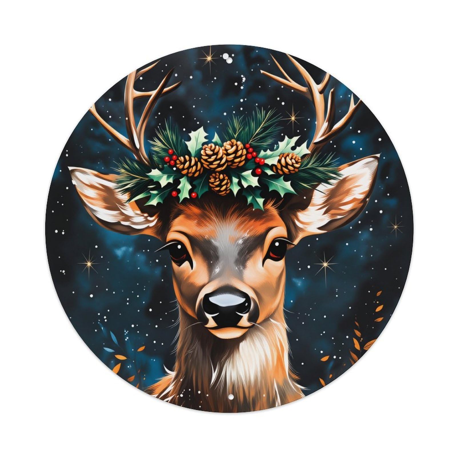 Deer With Christmas Wreath On Antlers Round Tin Sign Vintage Metal Poster Retro Bar, Home, Man Cave, Kitchen, Laundry Room Wall Art Decor Gift 8x8Inch