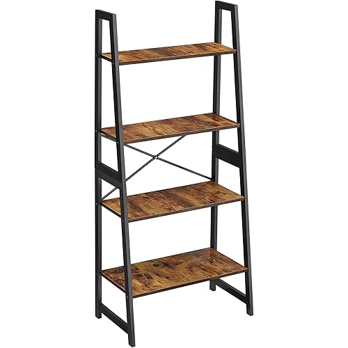 VASAGLE Ladder Shelf, Bookshelf, 4-Tier Standing Shelf for Living Room, Bedroom, Kitchen, Bamboo Frame, Easy Assembly, Industrial Style, Rustic Brown and Black UBCB020B01V1