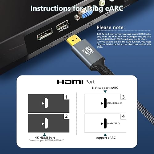 Miniatura 3 de Cable HDMI 2.1 de 8K de 25 pies, 48 Gbps de ultra alta velocidad para juegos trenzados, compatible con 8K 60HZ4K 120Hz, eARC, HDR dinámico, HDCP