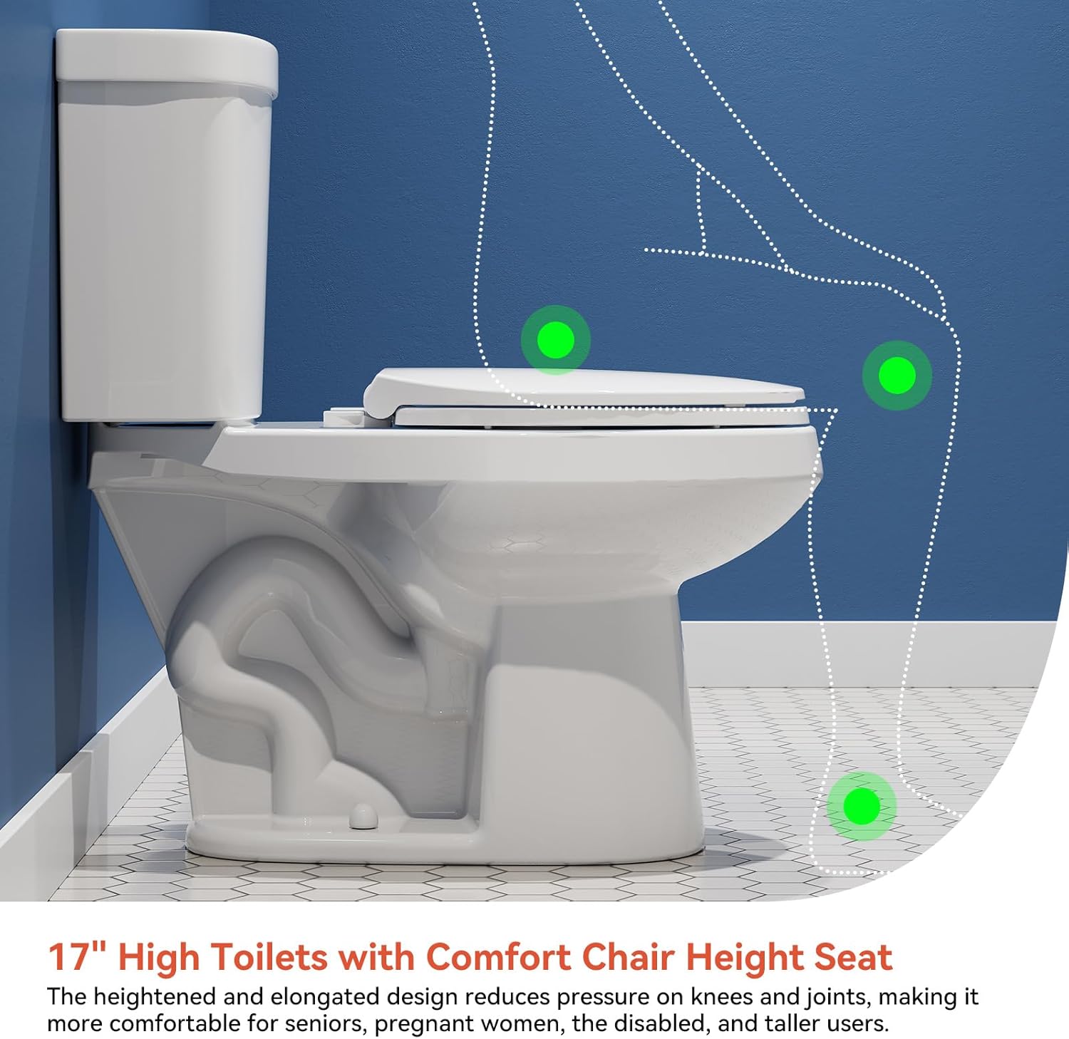 HOROW 17 Inch High Elongated Toilet with ADA Chair Height, Two Piece Toilet with 1.1/1.6 GPF Dual Flush, MAP 1000g, Extra Tall Bowl for Tall Person & Seniors, HR-E17D