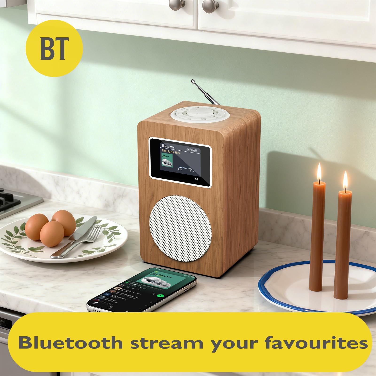 MD4 Radio Dab,Radio Digital Dab Plus,con Altavoz Bluetooth,Radios FM de Cocina de Red y Batería,Pantalla a Color,40 Presintonías,Alarma,Puerto para Auriculares,Caja de Madera-Acabado Nogal