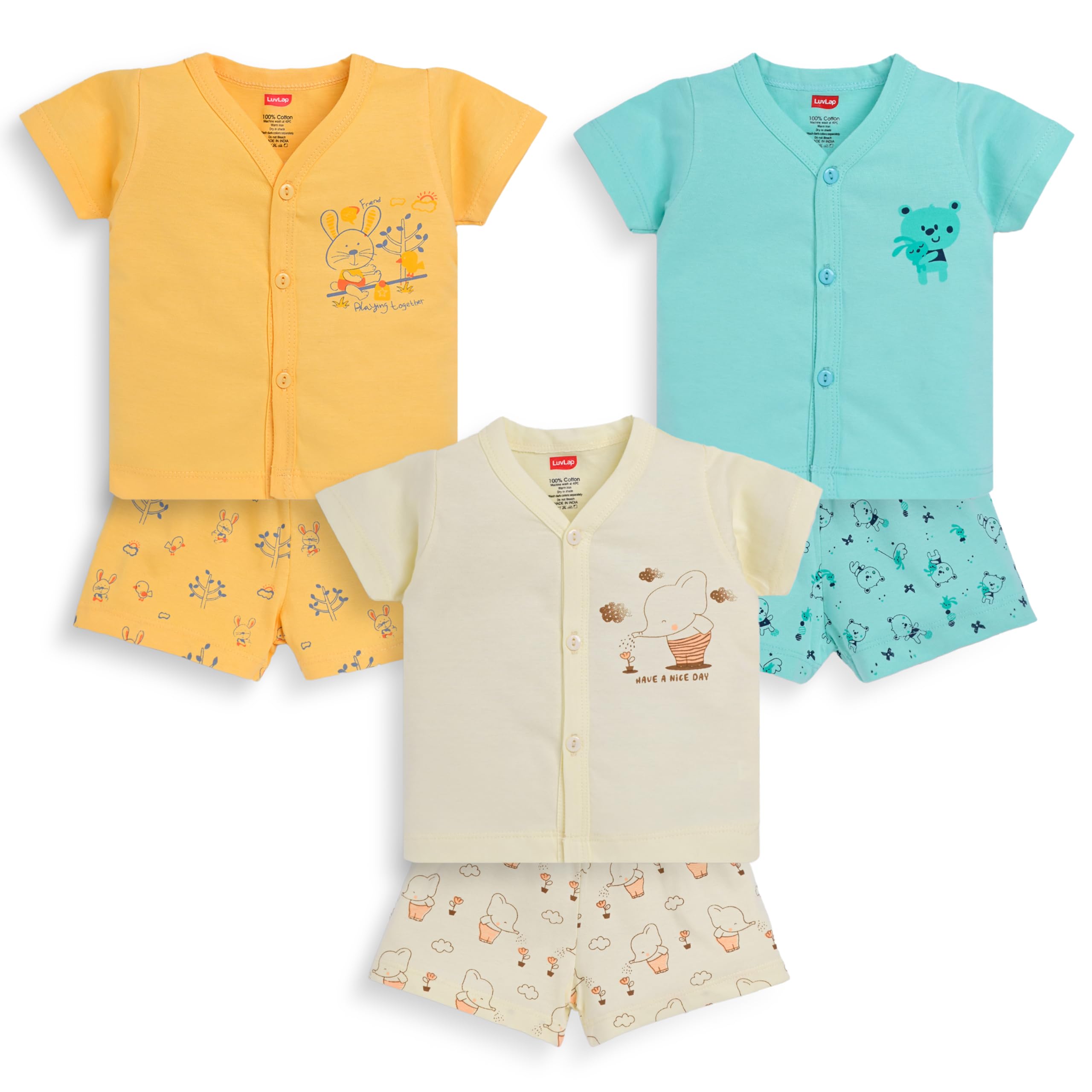 Baby Boys & Girls Regular Fit 100% Cotton Half Sleeve Jhabla & Shorts Set Pack of 3