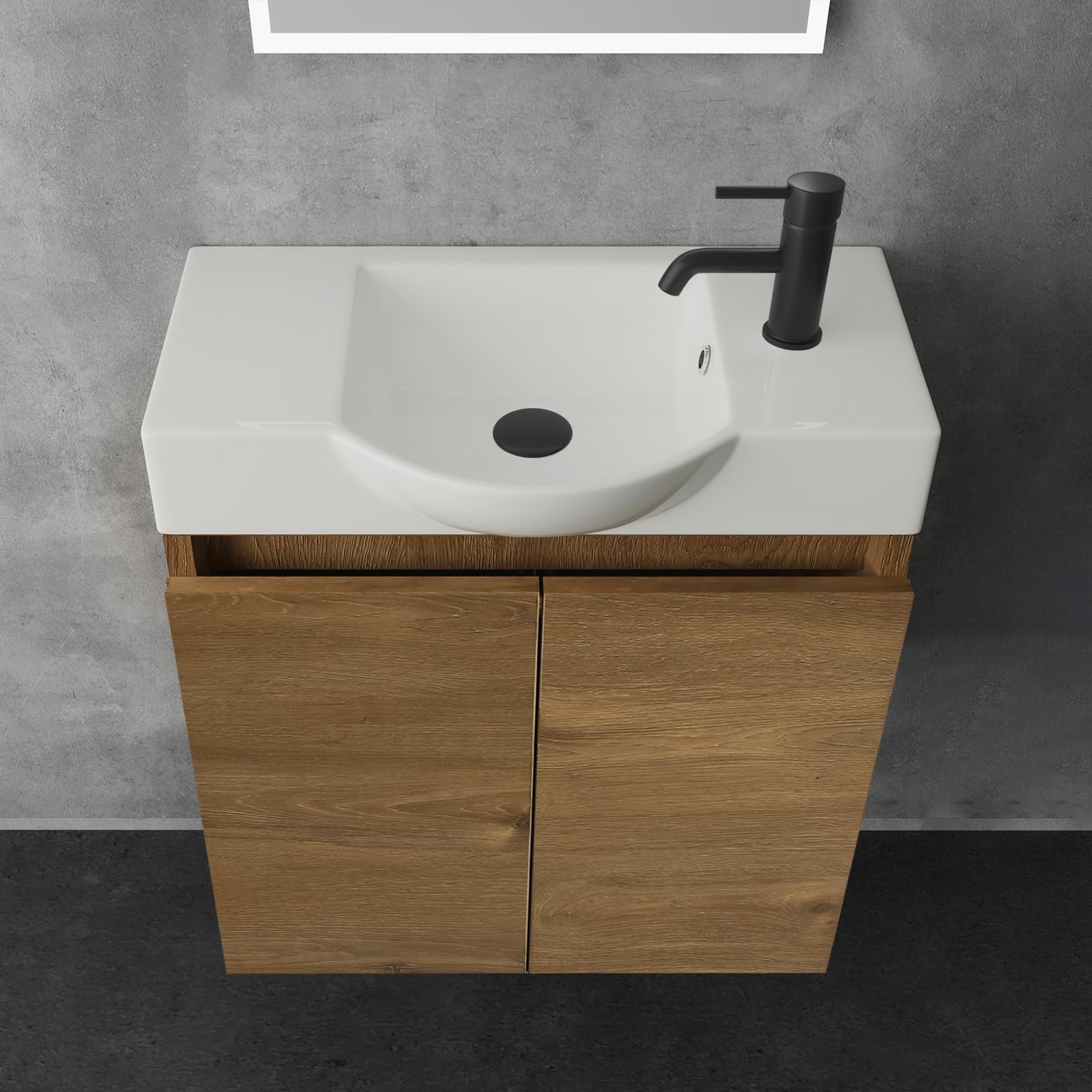 Alpenberger Waschtisch mit Unterschrank 55 cm Breit | Waschbecken mit Unterschrank Bad Möbel Modern Set | Kleines Waschbecken Gäste WC Möbel | Waschbeckenunterschrank Badezimmermöbel (Eiche)