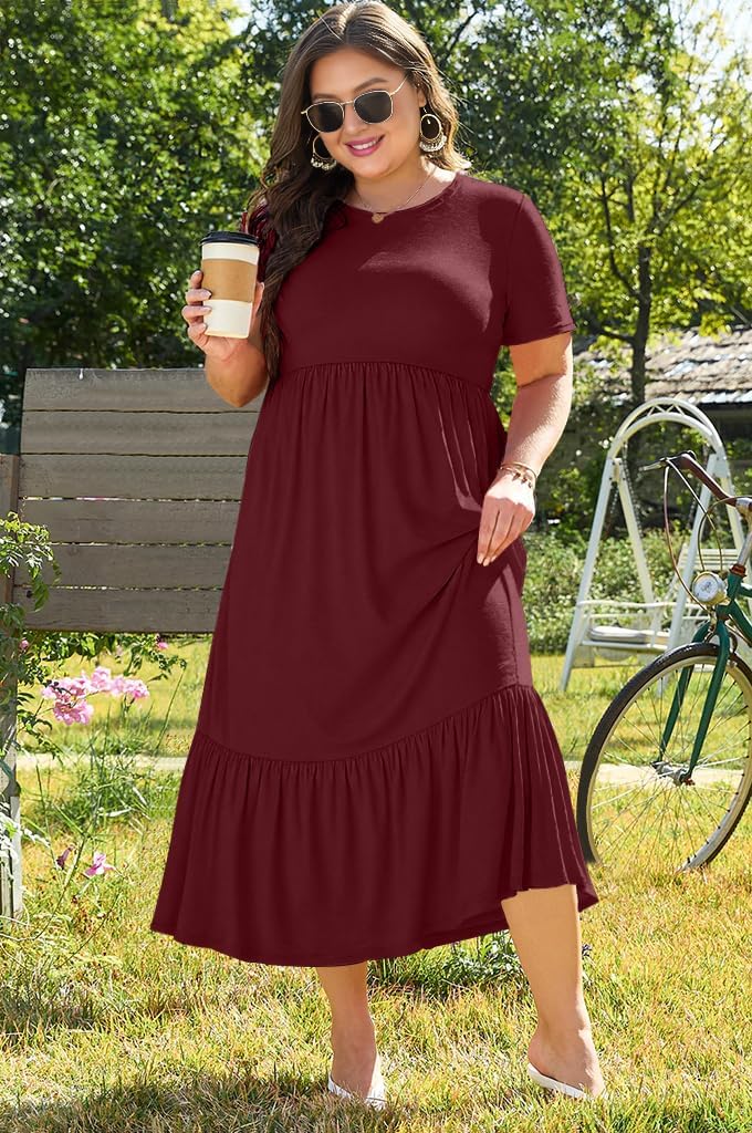 Plus Size Dresses for Women Summer Casual Short Sleeve Crewneck Aline Swing Flowy Tiered Maxi Long Dress with Pockets - Image 3