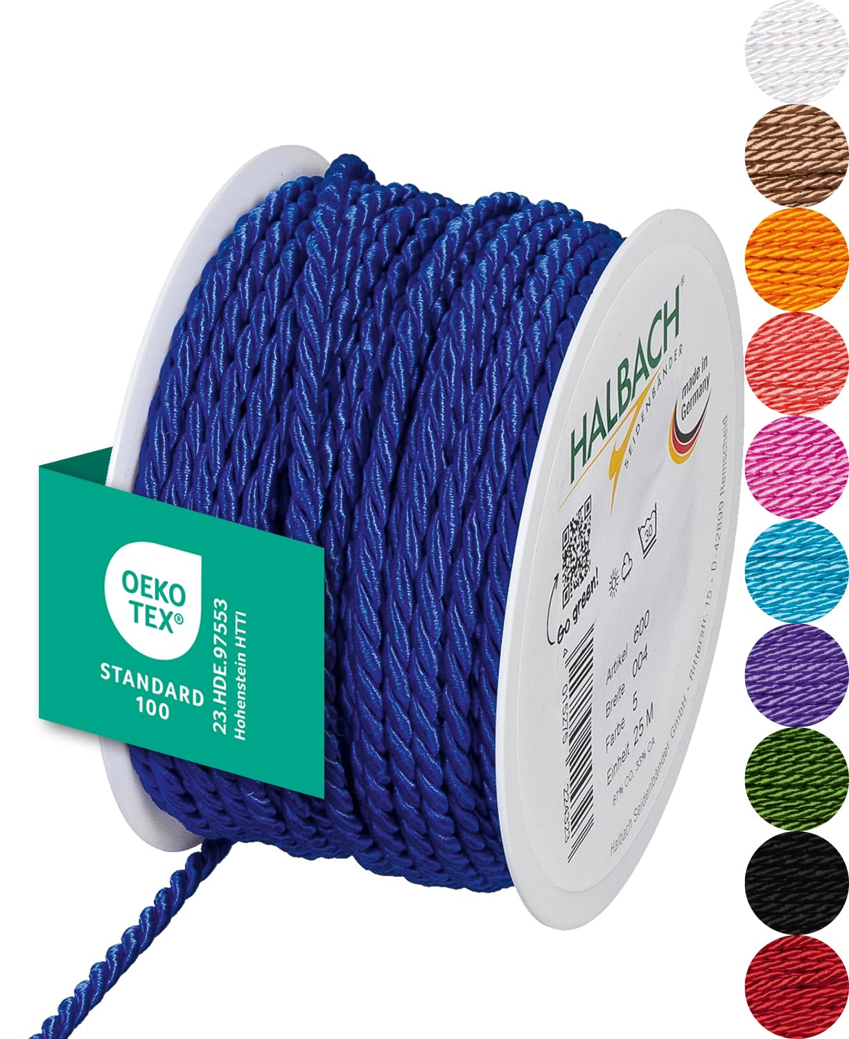 Halbach Seidenbänder Premium Kordel (blau) | Breite 4mm Länge 25m | Made in Germany & Öko-Tex Zertifiziert | glänzende Satinkordel aus Acetat