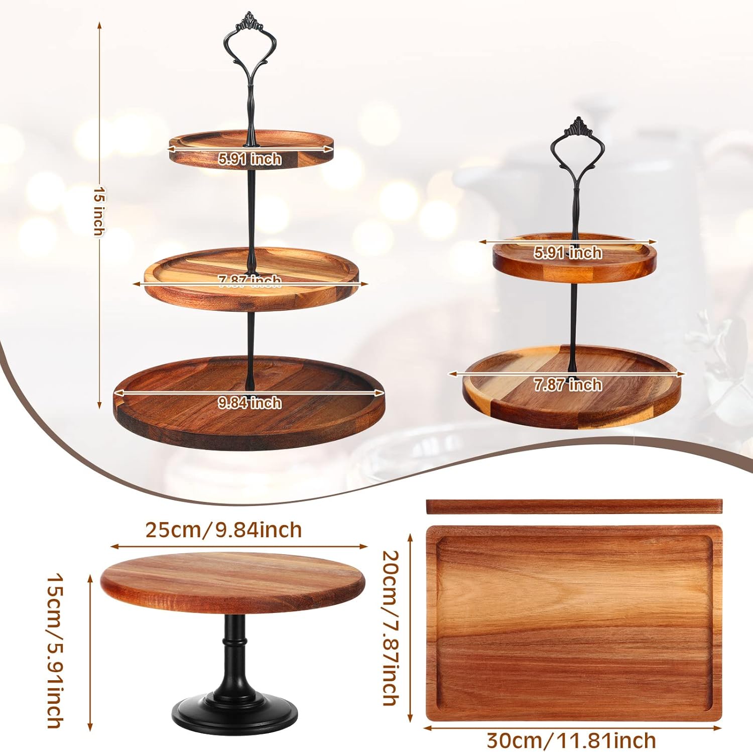 Weysat 4 Piece Wooden Cake Stand Set Wood Dessert Stand, 2 Tier and 3 Tier Rustic Cupcake Stands, Cup Cake Tower, Dessert Display Tray for Baby Shower, Wedding, Birthday Tea Party, Farmhouse Decor - Image 2