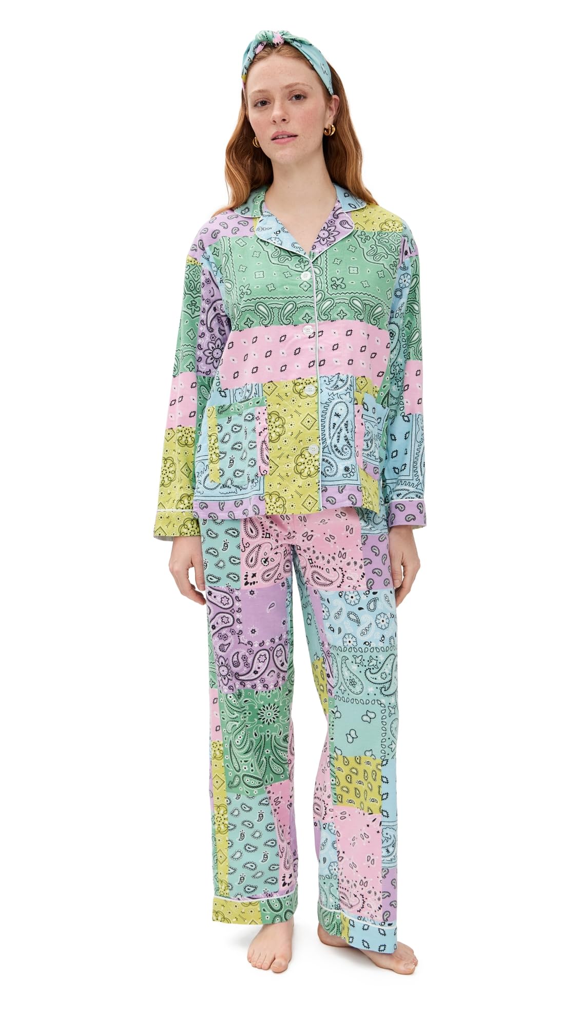PJ Salvage womens Cotton Flannel Long-sleeve Top, Pant and Headband 3-piece Pajama Set