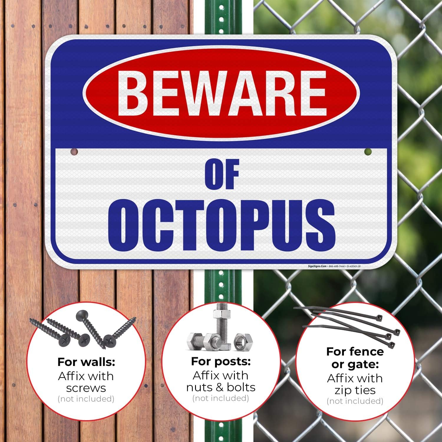 Beware of Octopus Sign, Pool Sign, 12x18 Inches, 3M EGP Reflective 0.63 Aluminum, Fade Resistant, Easy Mounting, Indoor/Outdoor Use, Made in USA