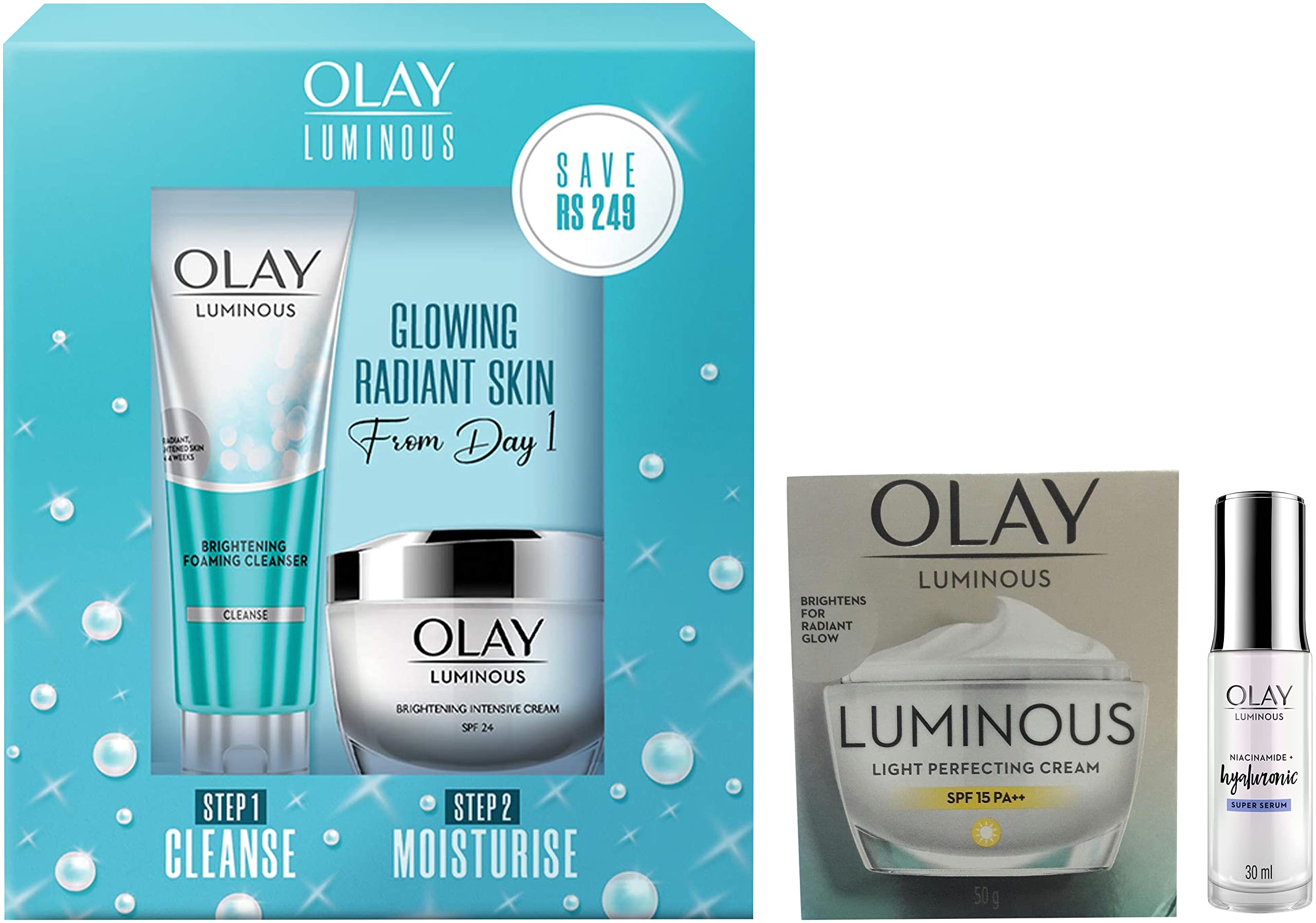 Olay Luminous Hyaluronic Acid Super Serum,30 ml & Day Cream: Luminous Moisturiser (Spf 15 PA++), 50 g & Luminous Day Cream Moisturiser (Spf 24) and Cleanser, 150 g