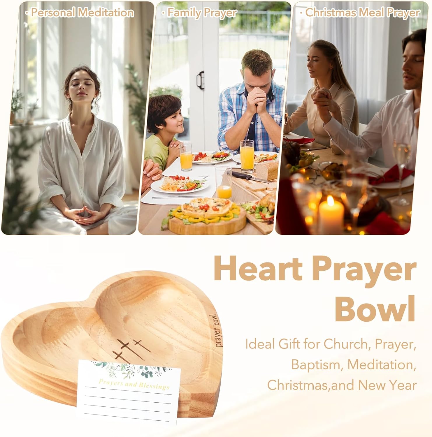 Prayer Bowl with 24 Blessing Cards, Heart Shaped Christian Decor